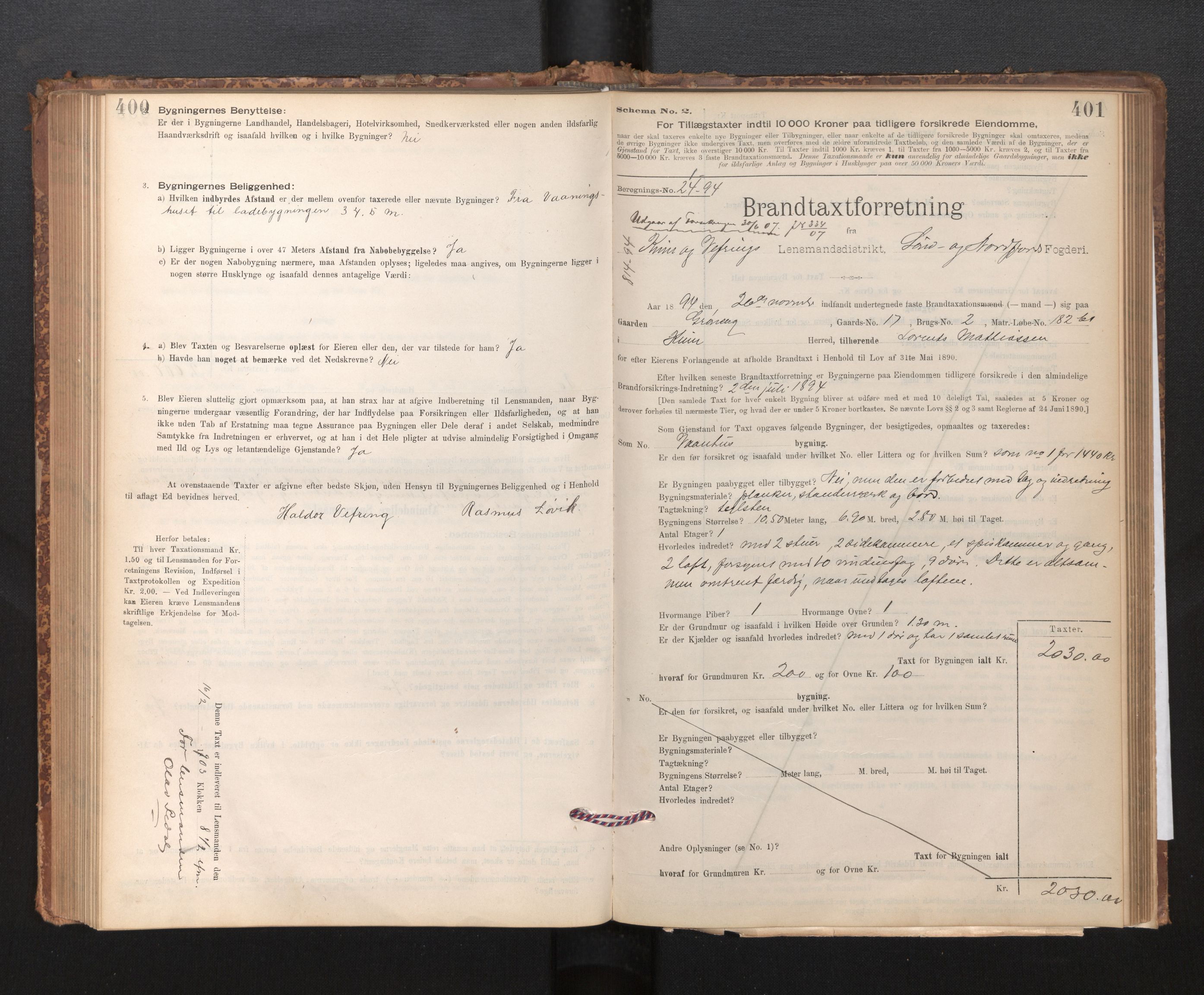 Lensmannen i Kinn, SAB/A-28801/0012/L0004f: Branntakstprotokoll, skjematakst, 1894-1911, s. 400-401