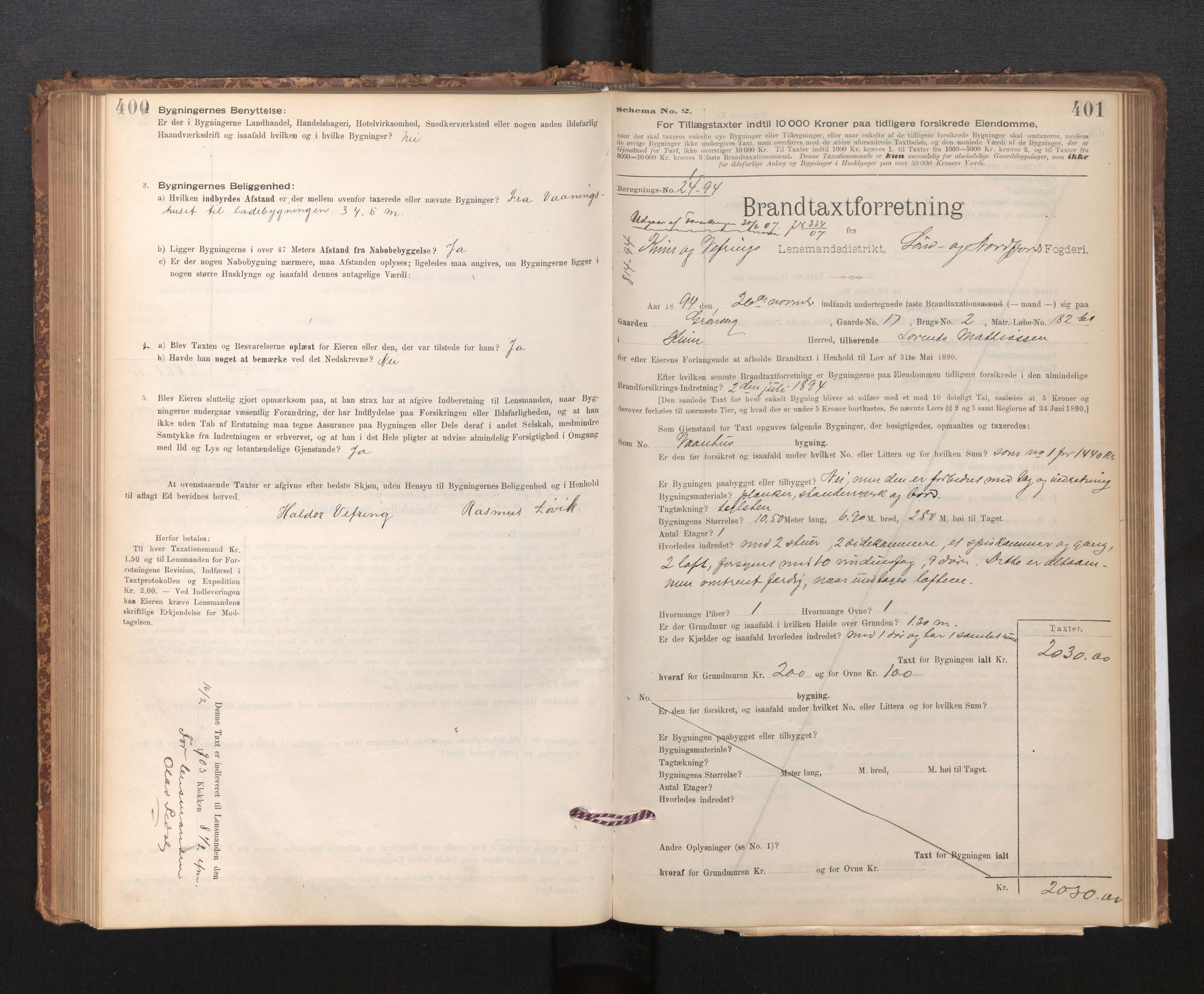 Lensmannen i Kinn, AV/SAB-A-28801/0012/L0004f: Branntakstprotokoll, skjematakst, 1894-1911, s. 400-401