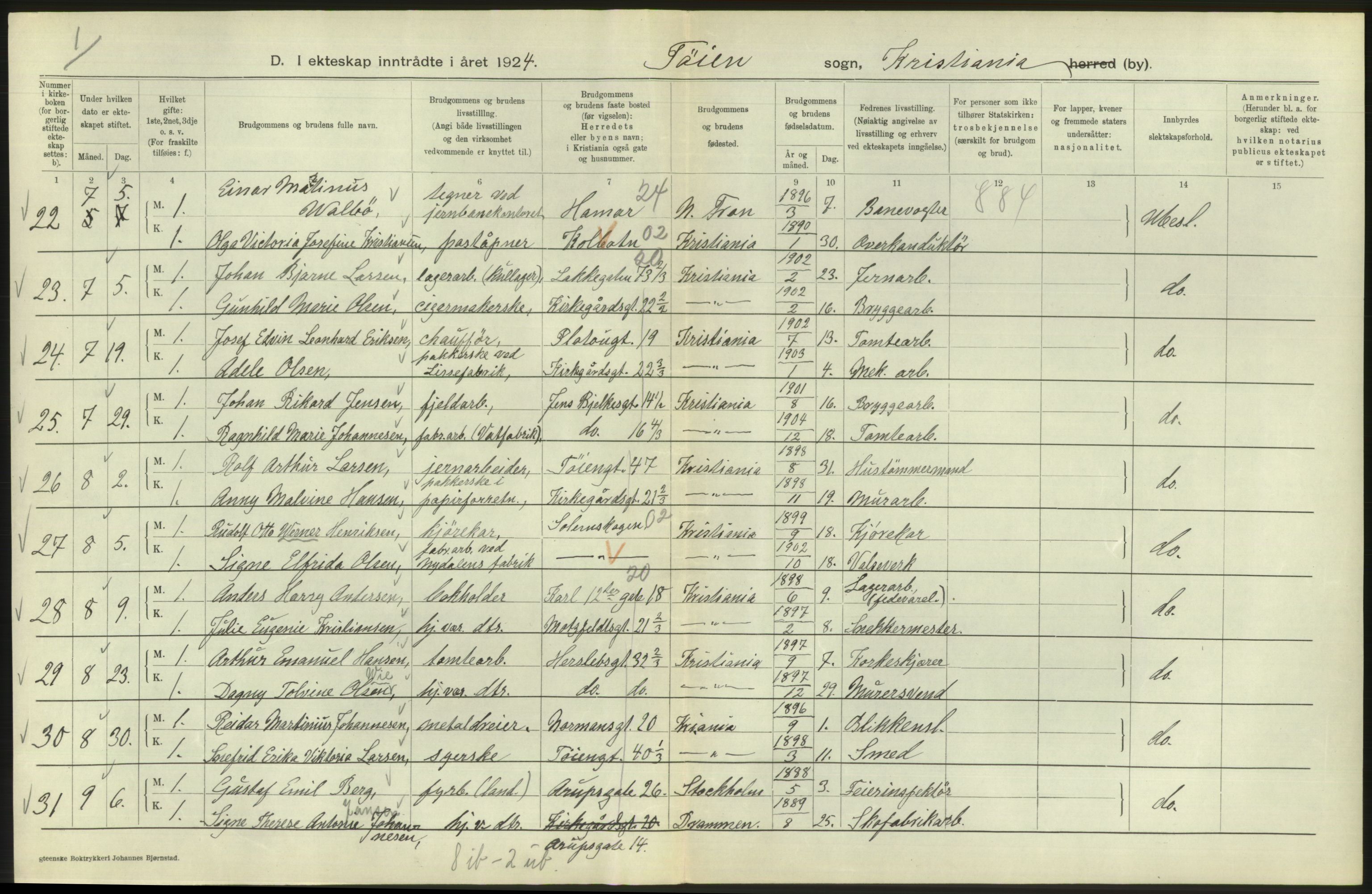 Statistisk sentralbyrå, Sosiodemografiske emner, Befolkning, AV/RA-S-2228/D/Df/Dfc/Dfcd/L0007: Kristiania: Gifte, 1924, s. 702