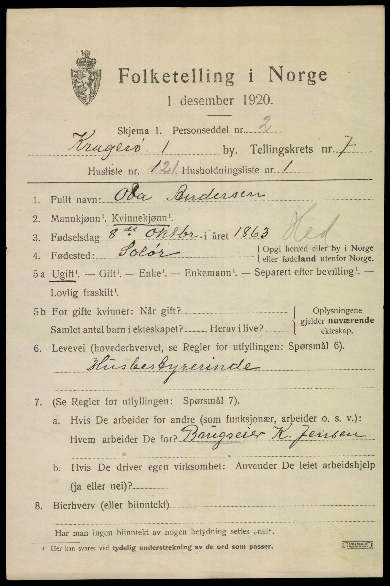 SAKO, Folketelling 1920 for 0801 Kragerø kjøpstad, 1920, s. 11091