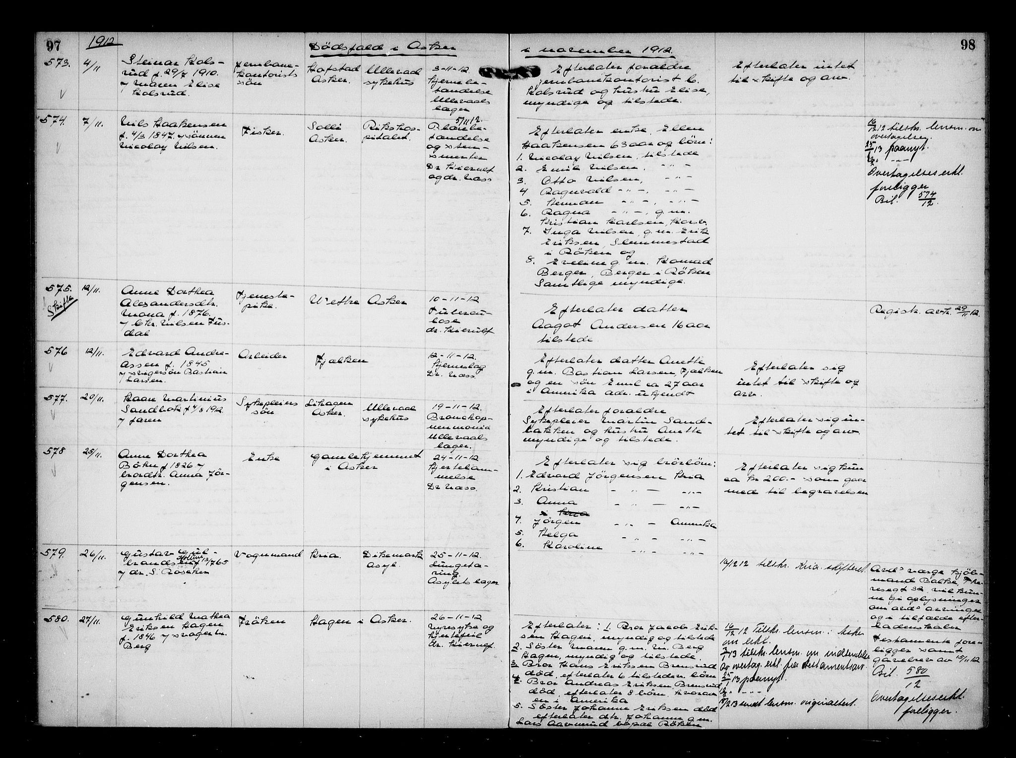 Aker kriminaldommer, skifte- og auksjonsforvalterembete, AV/SAO-A-10452/H/Hb/Hba/Hbaa/L0003: Dødsfallsprotokoll, 1912-1914, s. 97-98