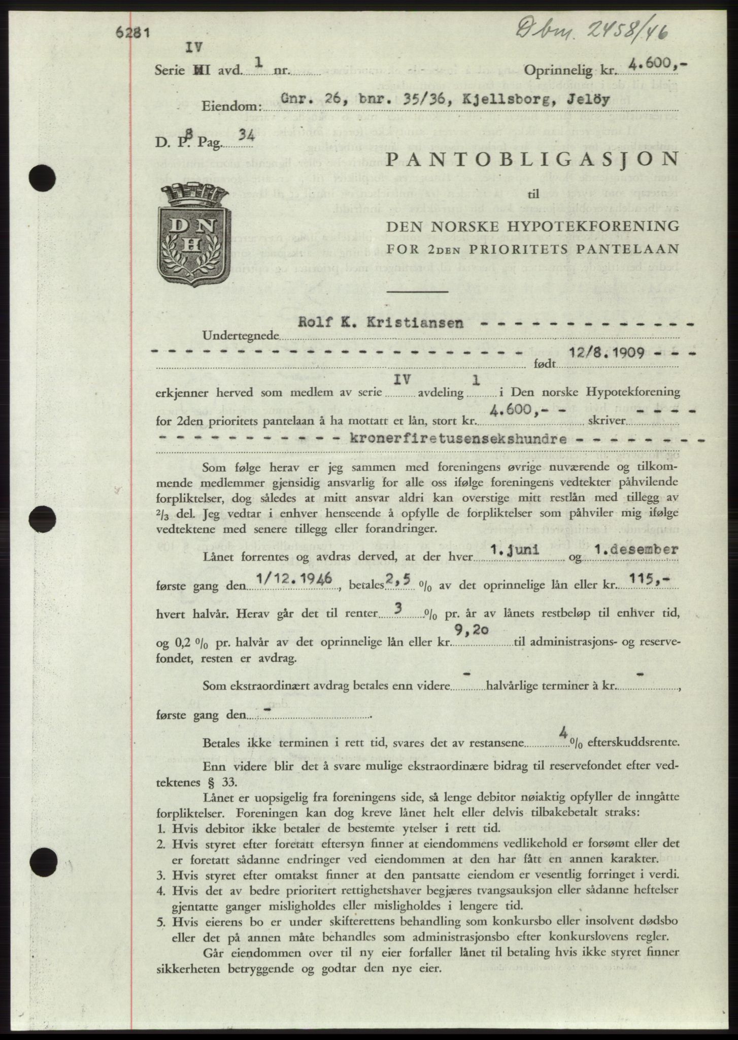 Moss sorenskriveri, SAO/A-10168: Pantebok nr. B16, 1946-1947, Dagboknr: 2458/1946