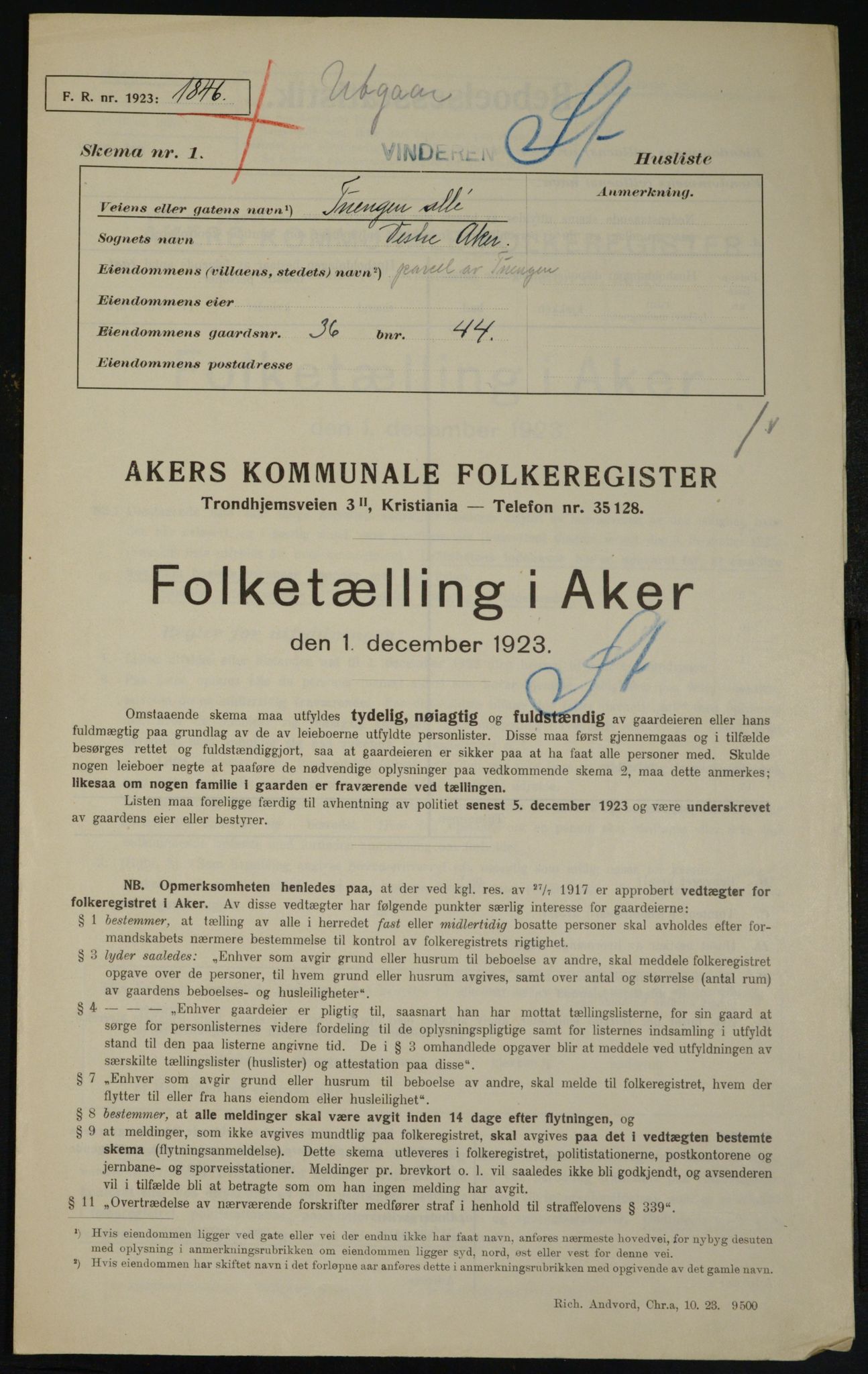 , Kommunal folketelling 1.12.1923 for Aker, 1923, s. 19912