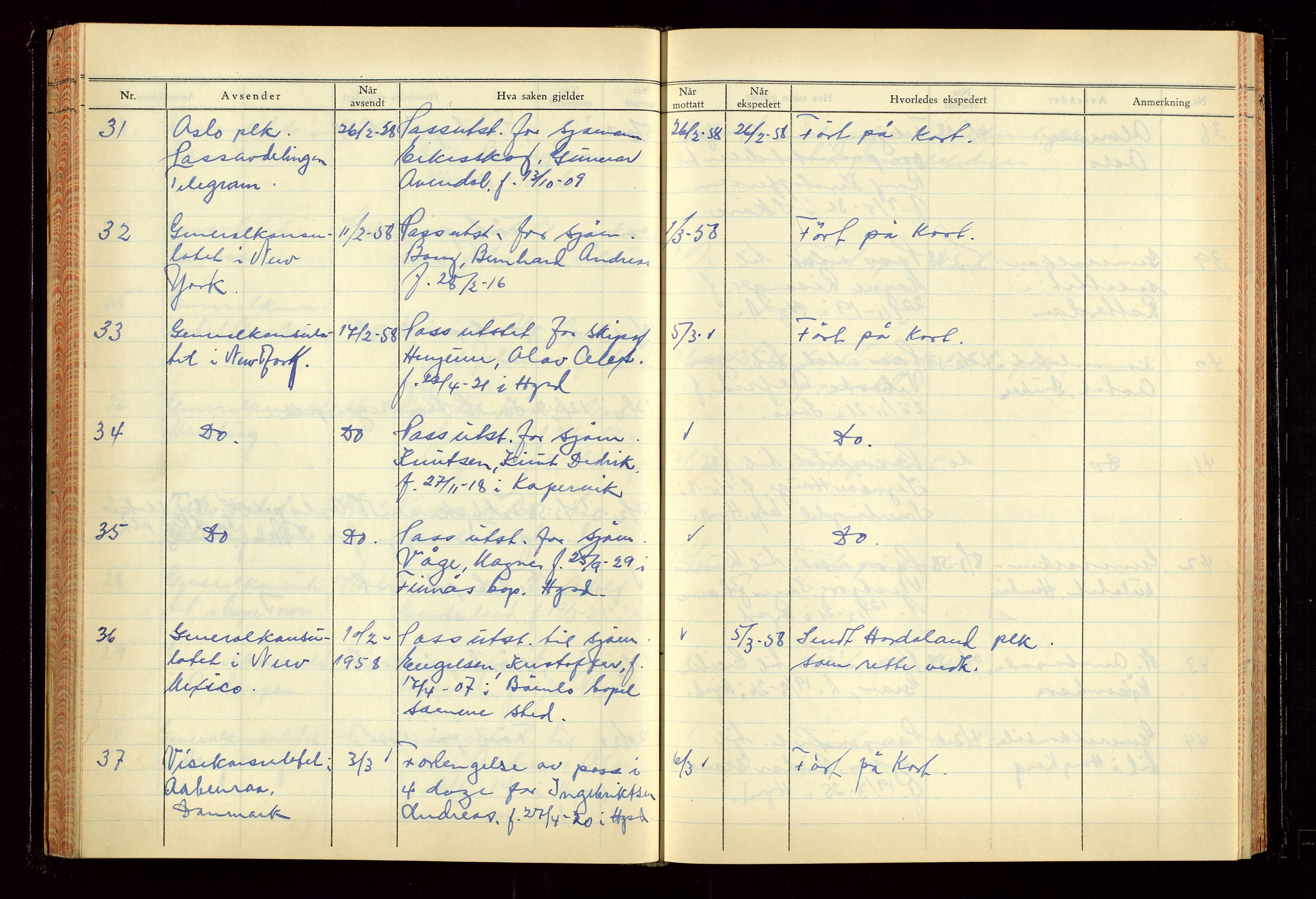 Haugesund politikammer, AV/SAST-A-100440/K/L0007: Passjournal (16 12 53-07 1065), 1953-1965, s. 87