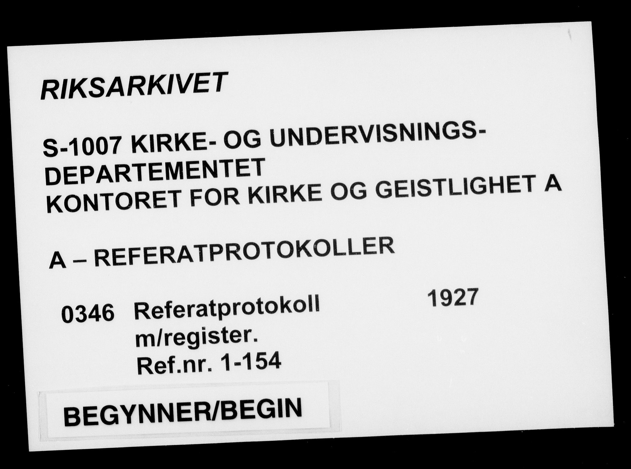 Kirke- og undervisningsdepartementet, Kontoret  for kirke og geistlighet A, AV/RA-S-1007/A/Aa/L0346: Referatprotokoll m/register. Ref.nr. 1-154, 1927