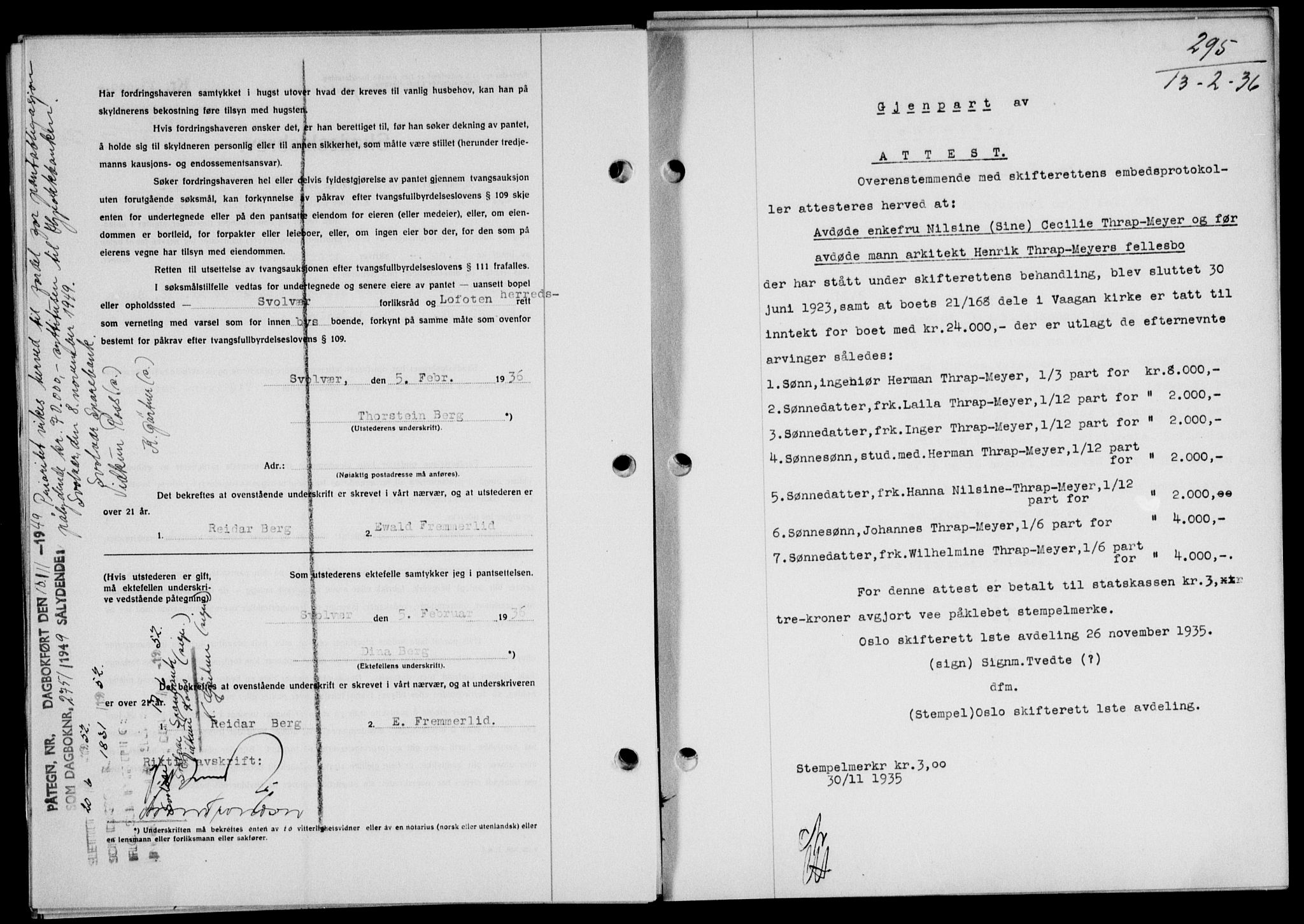 Lofoten sorenskriveri, SAT/A-0017/1/2/2C/L0033b: Pantebok nr. 33b, 1936-1936, Dagboknr: 295/1936