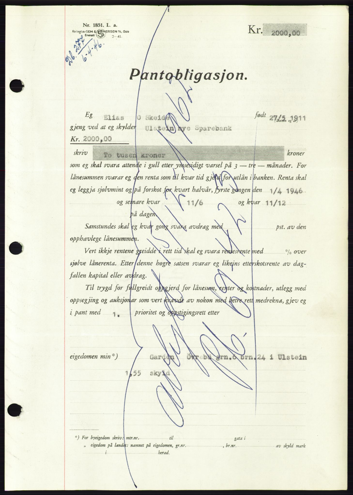 Søre Sunnmøre sorenskriveri, AV/SAT-A-4122/1/2/2C/L0114: Pantebok nr. 1-2B, 1943-1947, Dagboknr: 277/1946