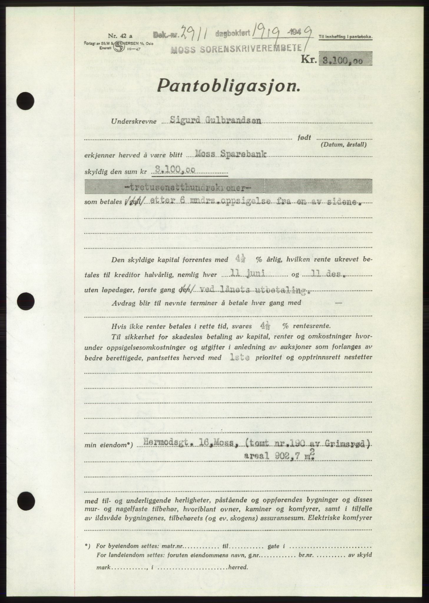 Moss sorenskriveri, SAO/A-10168: Pantebok nr. B22, 1949-1949, Dagboknr: 2911/1949