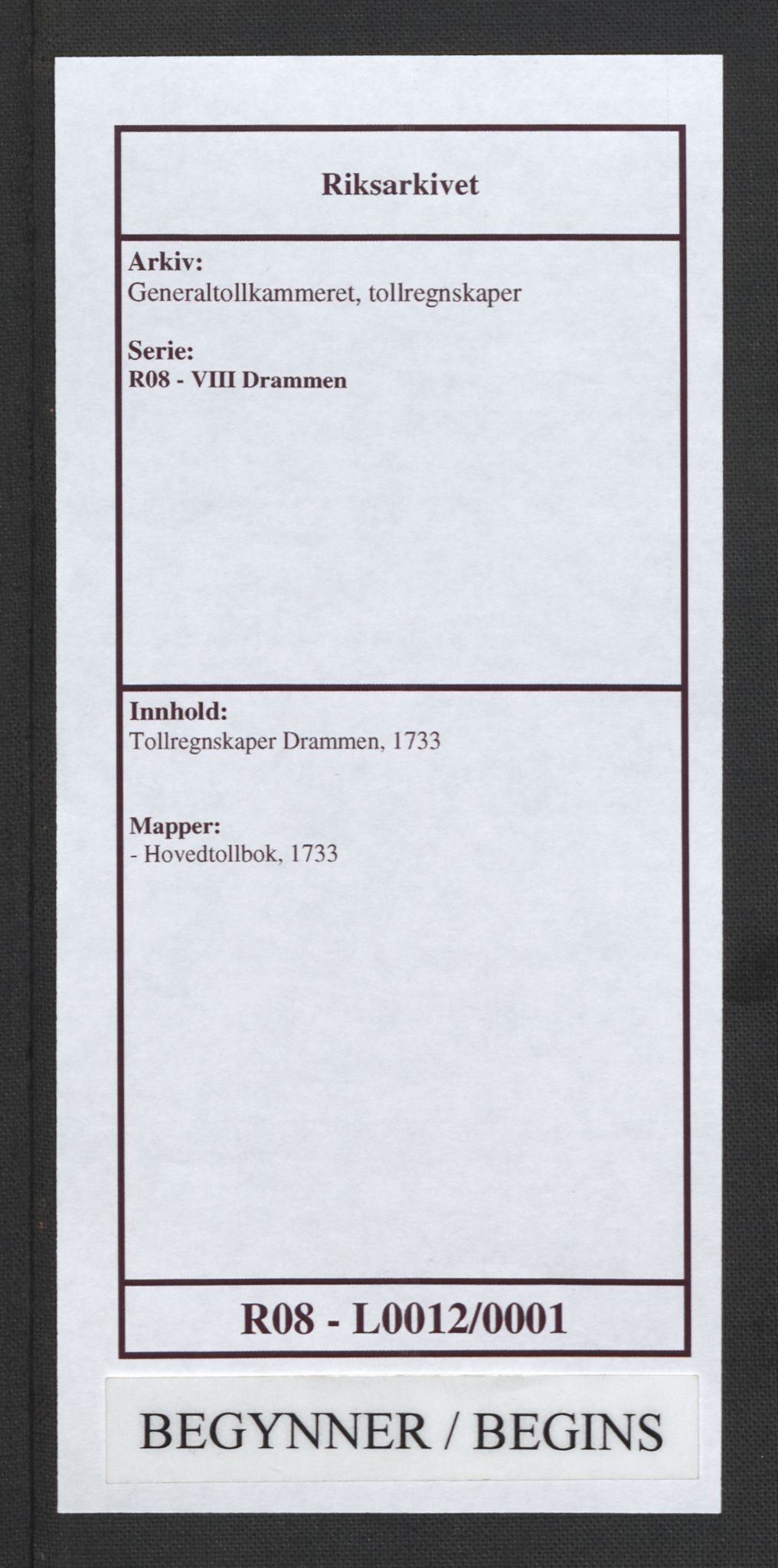 Generaltollkammeret, tollregnskaper, RA/EA-5490/R08/L0012/0001: Tollregnskaper Drammen / Hovedtollbok, 1733