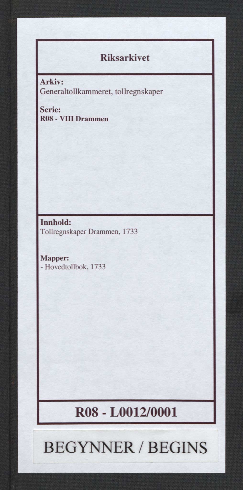 Generaltollkammeret, tollregnskaper, AV/RA-EA-5490/R08/L0012/0001: Tollregnskaper Drammen / Hovedtollbok, 1733