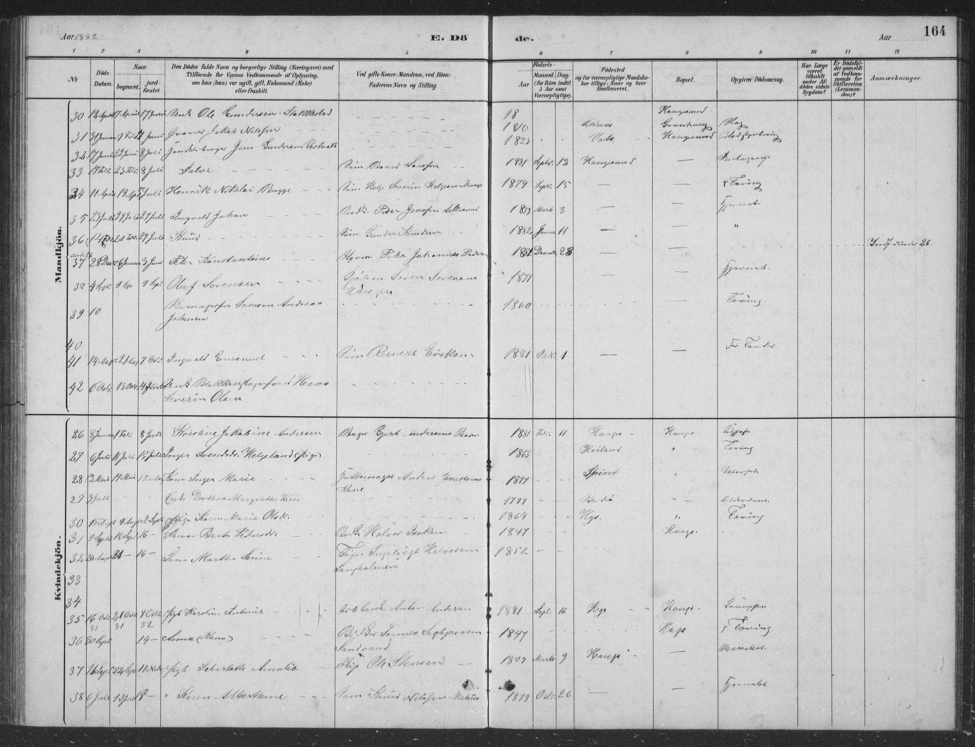 Haugesund sokneprestkontor, AV/SAST-A -101863/H/Ha/Hab/L0002: Klokkerbok nr. B 2, 1881-1894, s. 164
