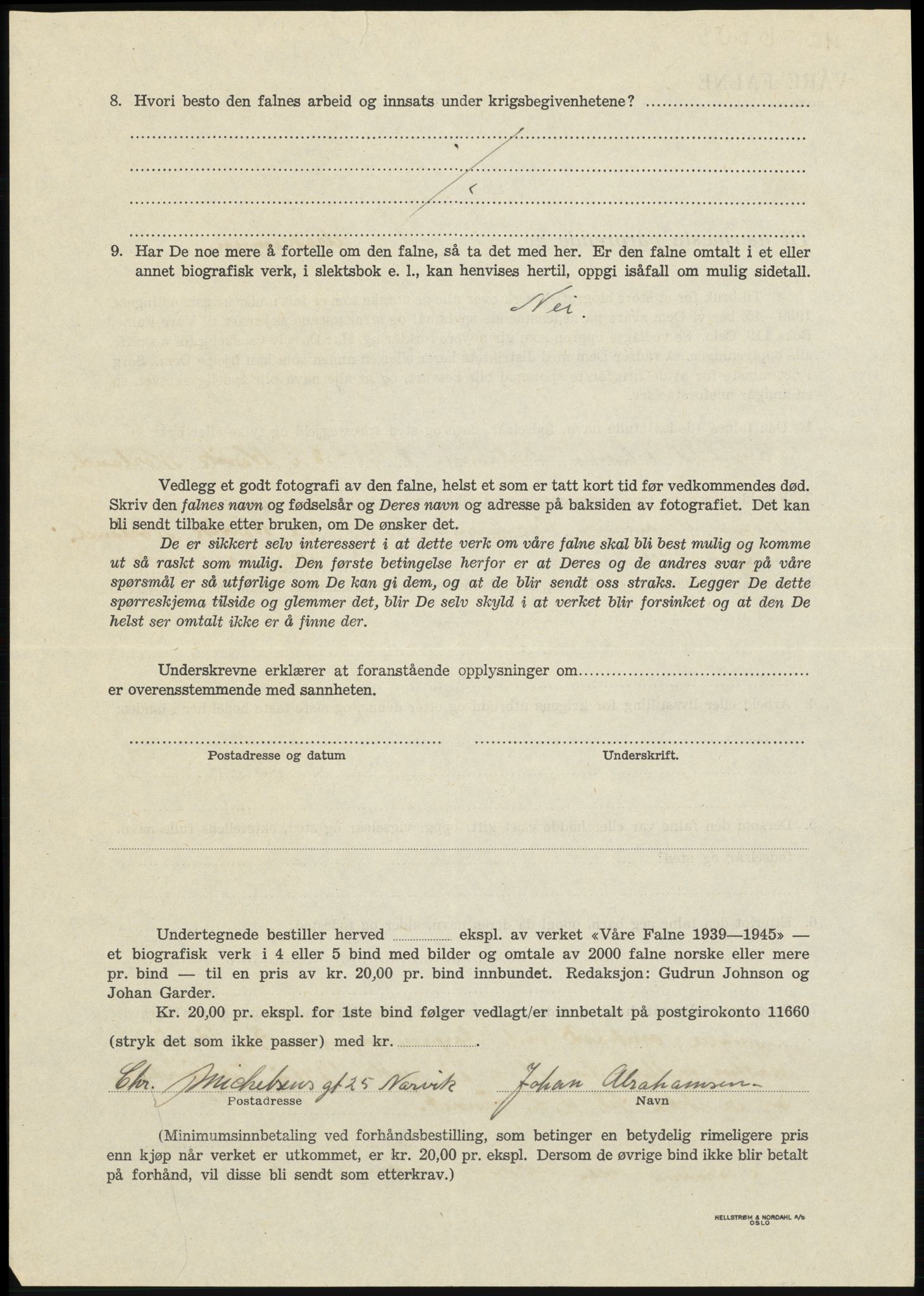 Sosialdepartementet, Våre Falne, RA/S-1708/E/Ee/L0025: Personmapper: Abelsen 01 - Amundsen, H. 65, 1945-1951, s. 156