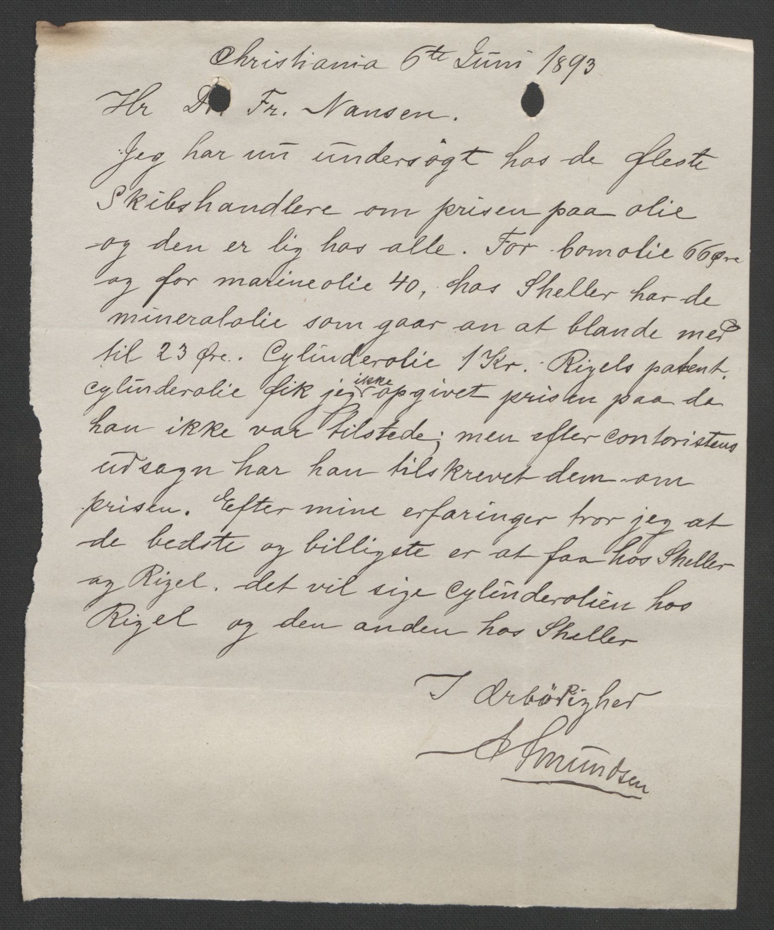 Arbeidskomitéen for Fridtjof Nansens polarekspedisjon, AV/RA-PA-0061/D/L0003/0002: Innk. brev og telegrammer vedr. proviant og utrustning / Utrustningen m.m. - korrespondanse, 1893, s. 55