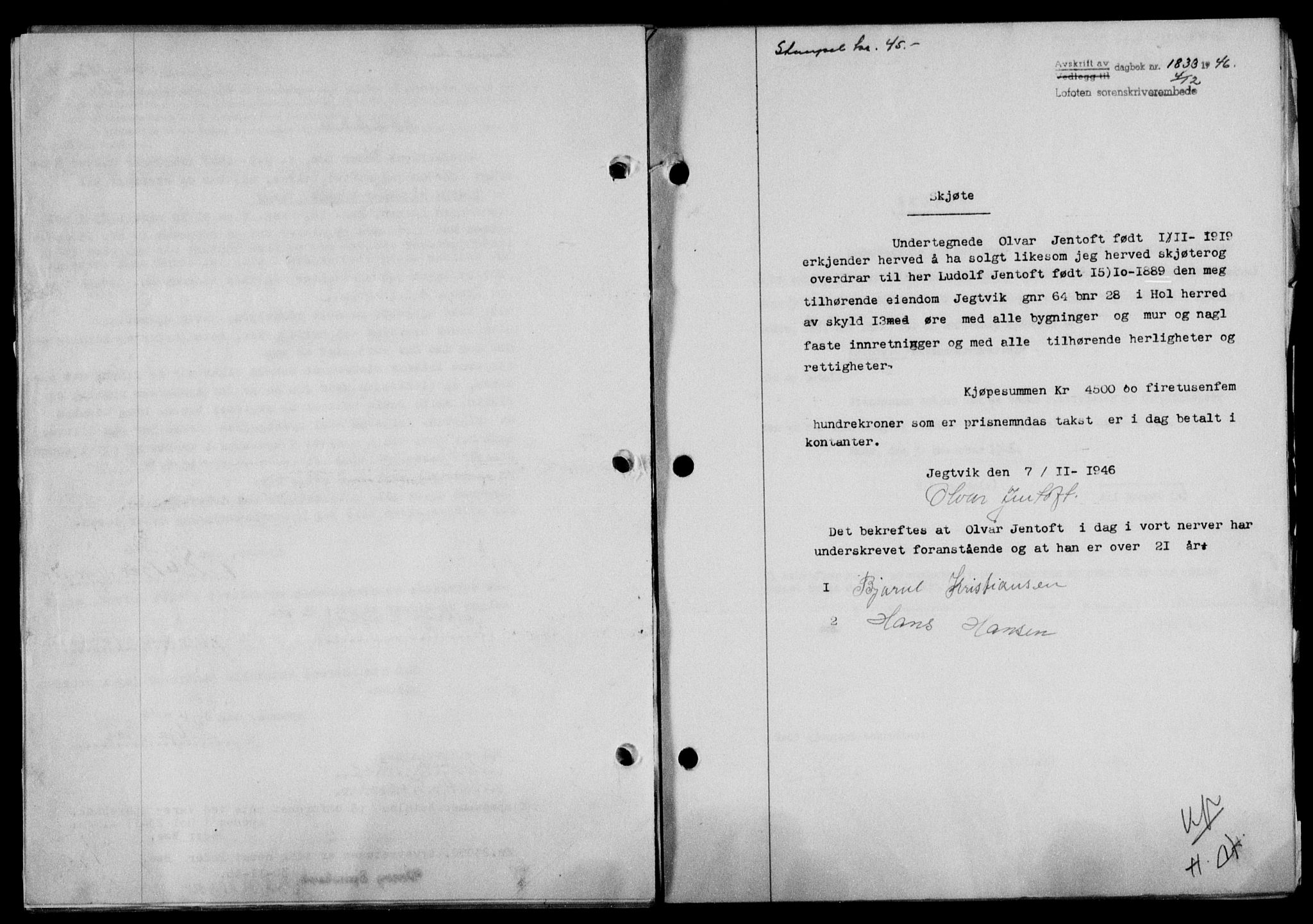 Lofoten sorenskriveri, SAT/A-0017/1/2/2C/L0015a: Pantebok nr. 15a, 1946-1947, Dagboknr: 1833/1946