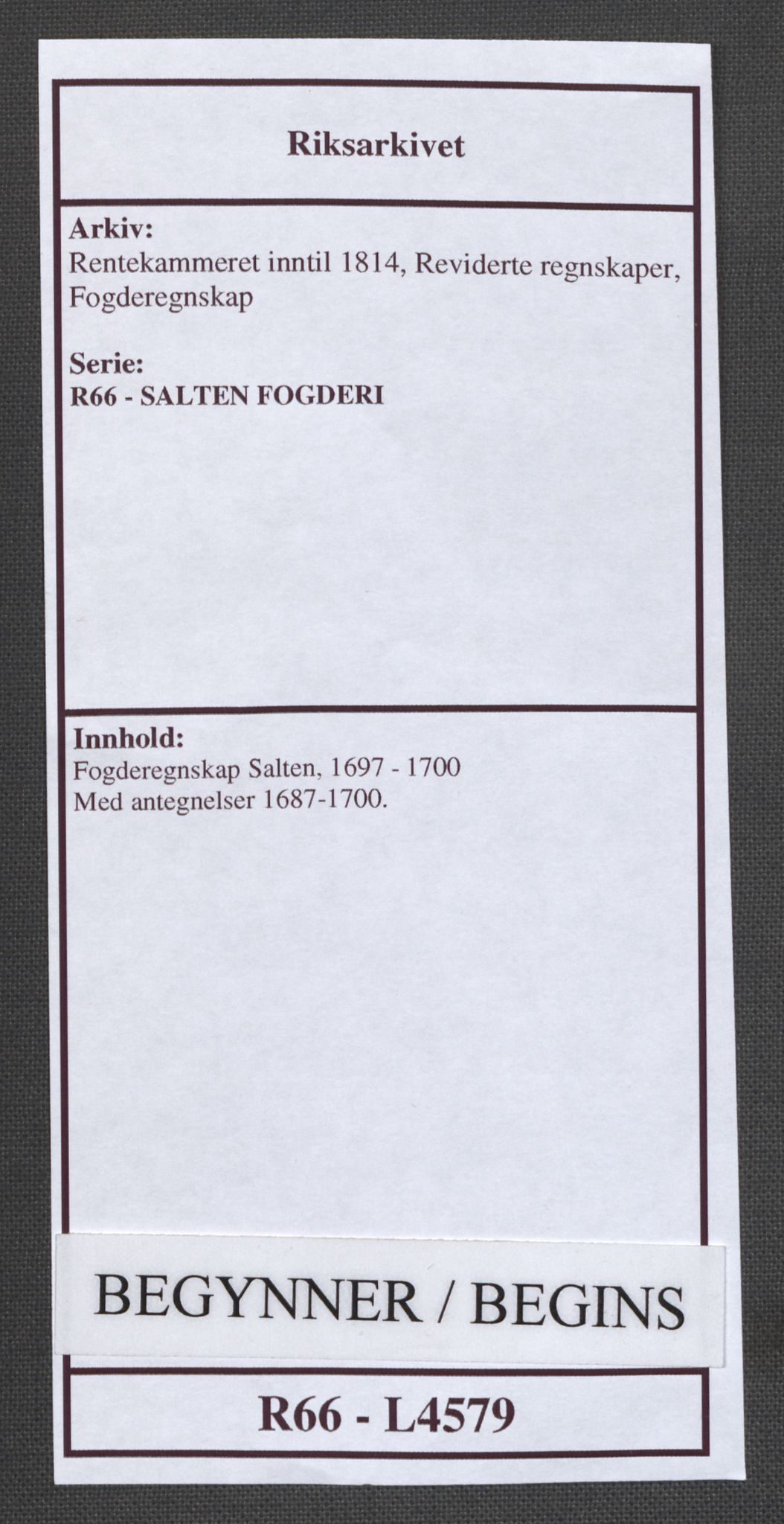 Rentekammeret inntil 1814, Reviderte regnskaper, Fogderegnskap, RA/EA-4092/R66/L4579: Fogderegnskap Salten, 1697-1700, s. 1
