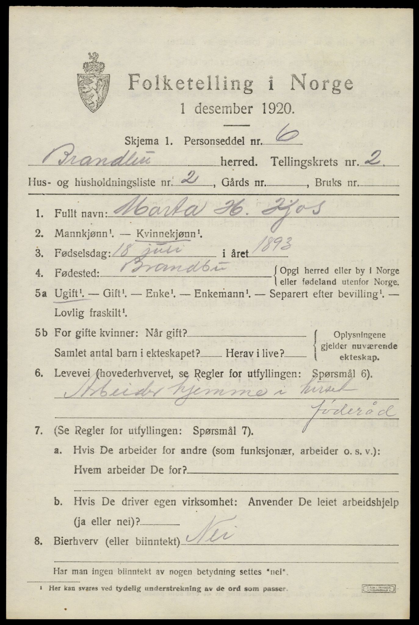 SAH, Folketelling 1920 for 0535 Brandbu herred, 1920, s. 3501
