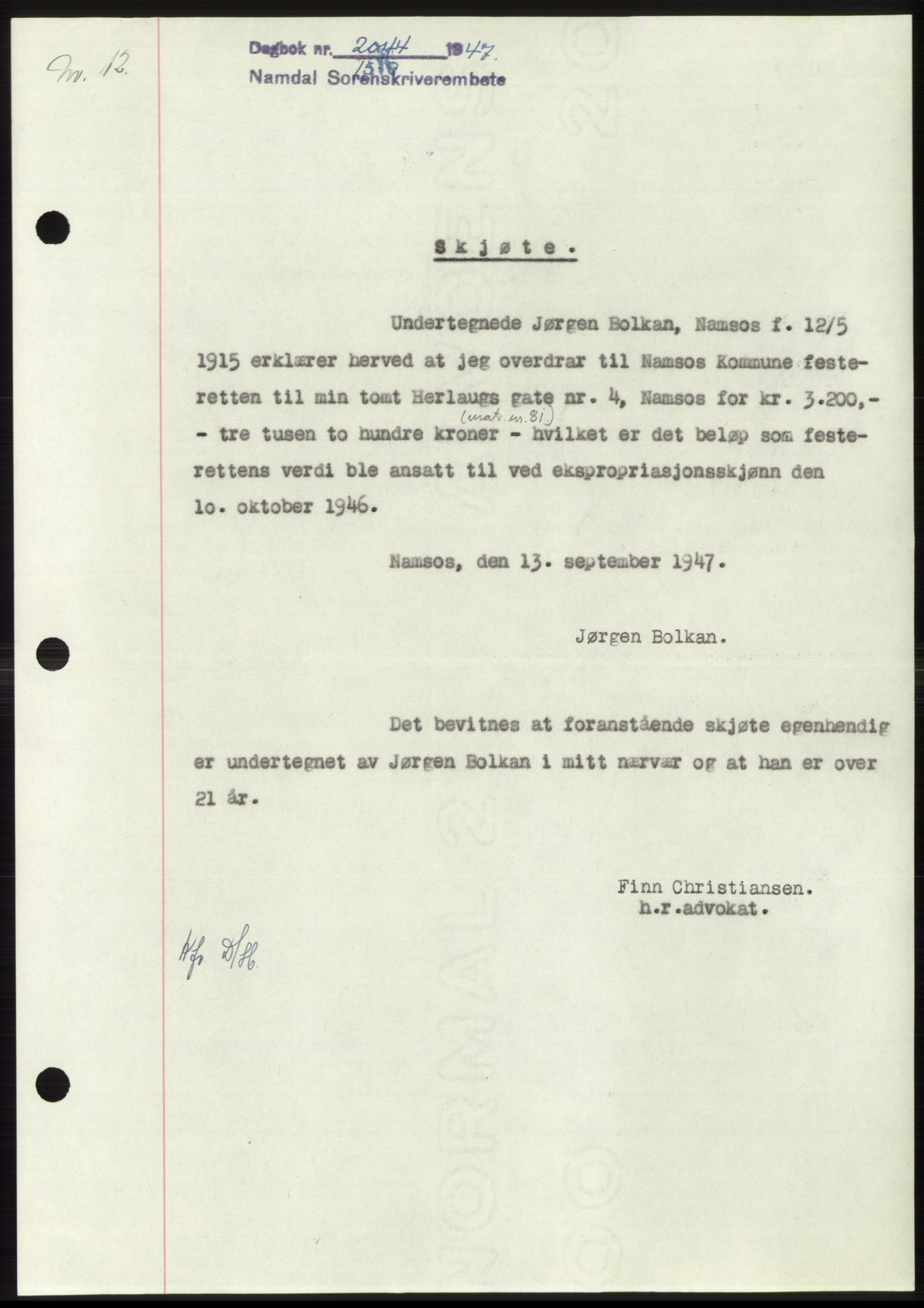 Namdal sorenskriveri, SAT/A-4133/1/2/2C: Pantebok nr. -, 1947-1947, Dagboknr: 2044/1947