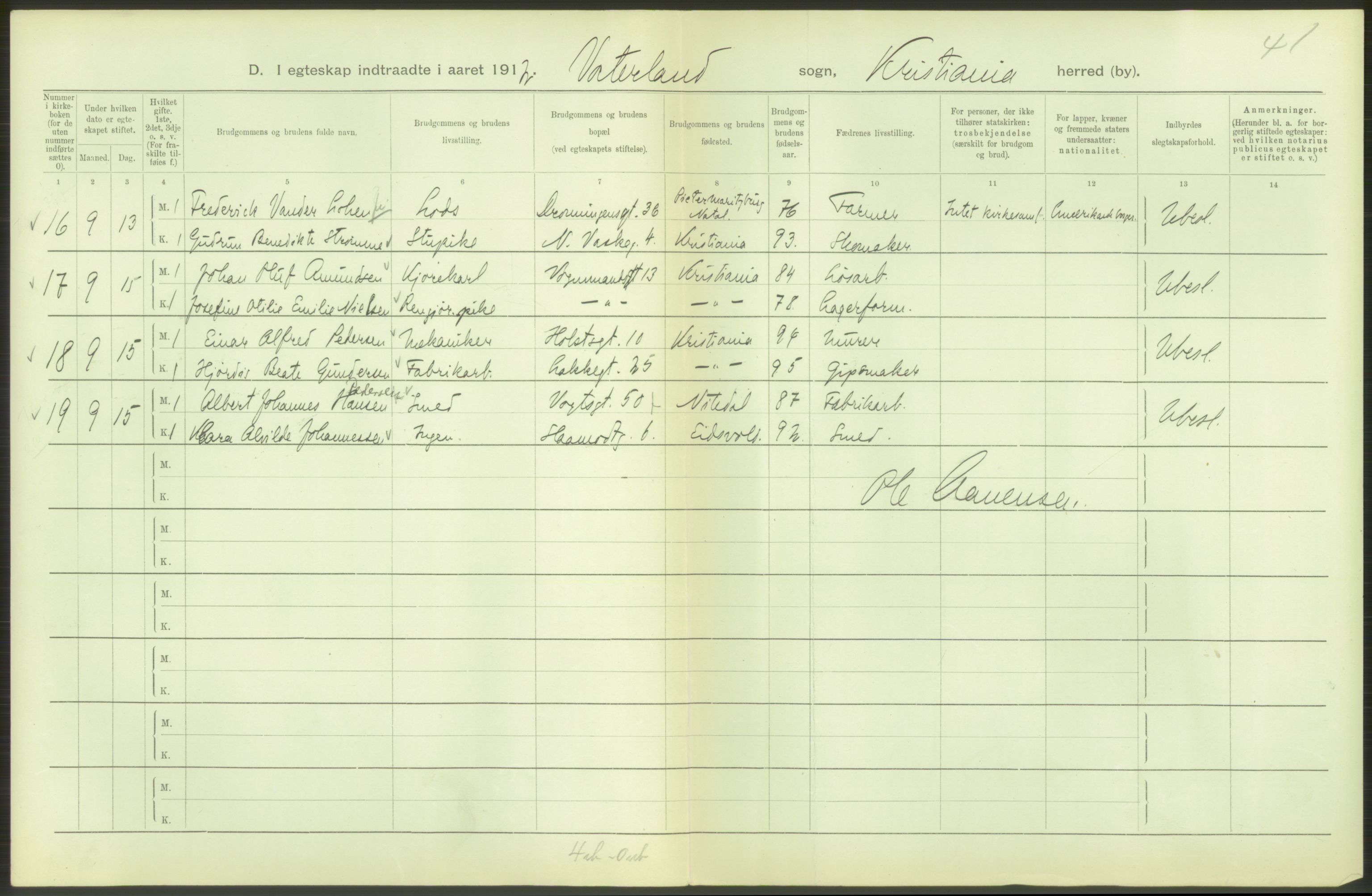 Statistisk sentralbyrå, Sosiodemografiske emner, Befolkning, RA/S-2228/D/Df/Dfb/Dfbb/L0008: Kristiania: Gifte, 1912, s. 88