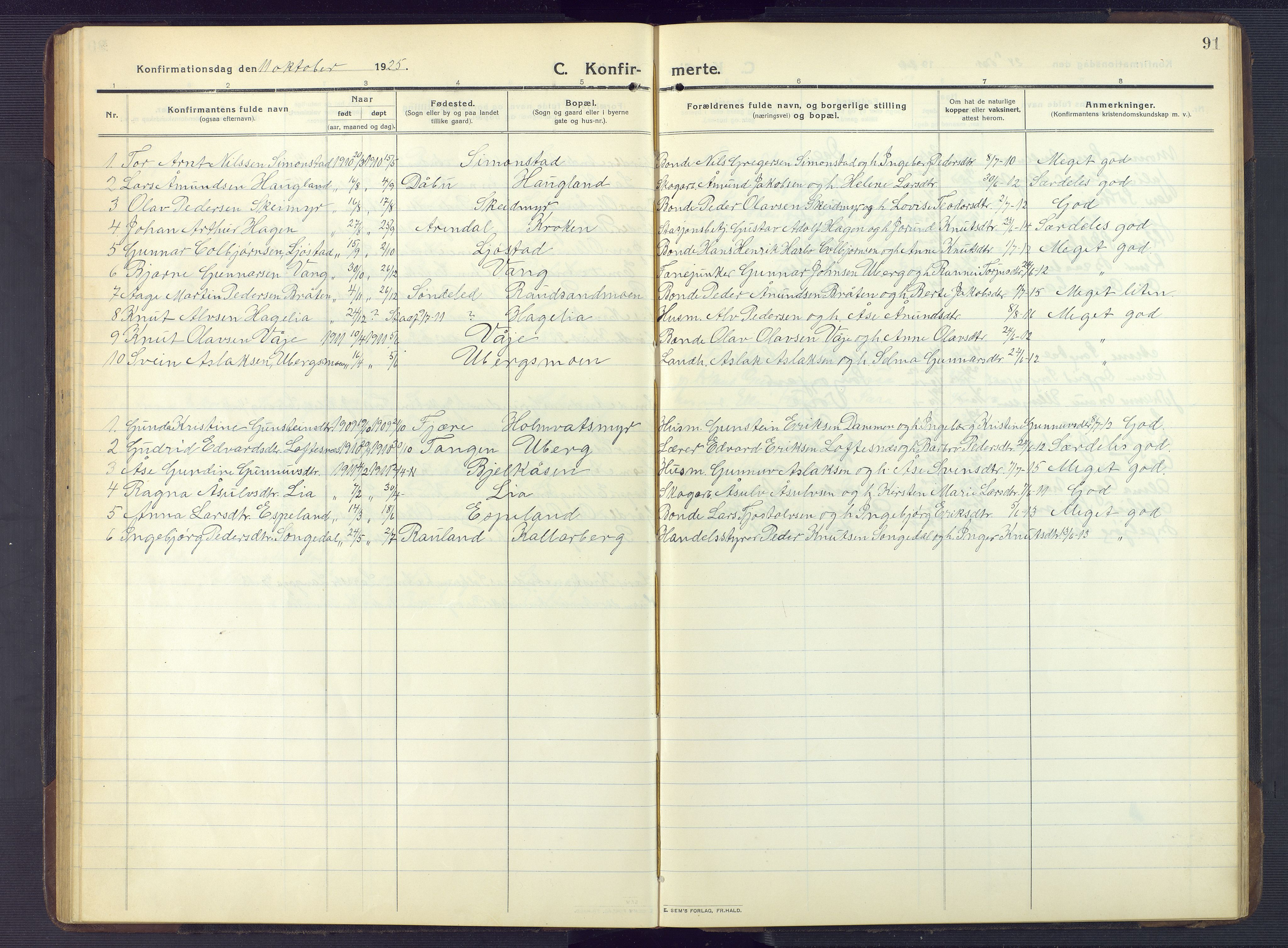 Gjerstad sokneprestkontor, SAK/1111-0014/F/Fb/Fbb/L0005: Klokkerbok nr. B 5, 1911-1949, s. 91