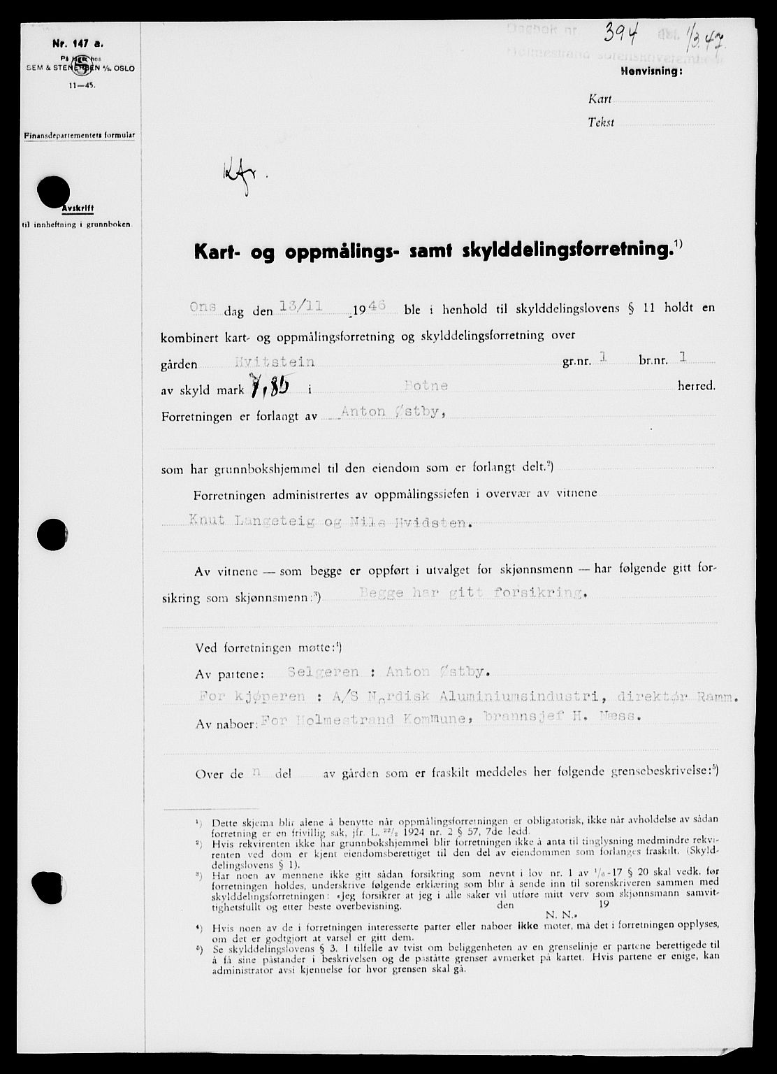 Holmestrand sorenskriveri, SAKO/A-67/G/Ga/Gaa/L0061: Pantebok nr. A-61, 1946-1947, Dagboknr: 394/1947