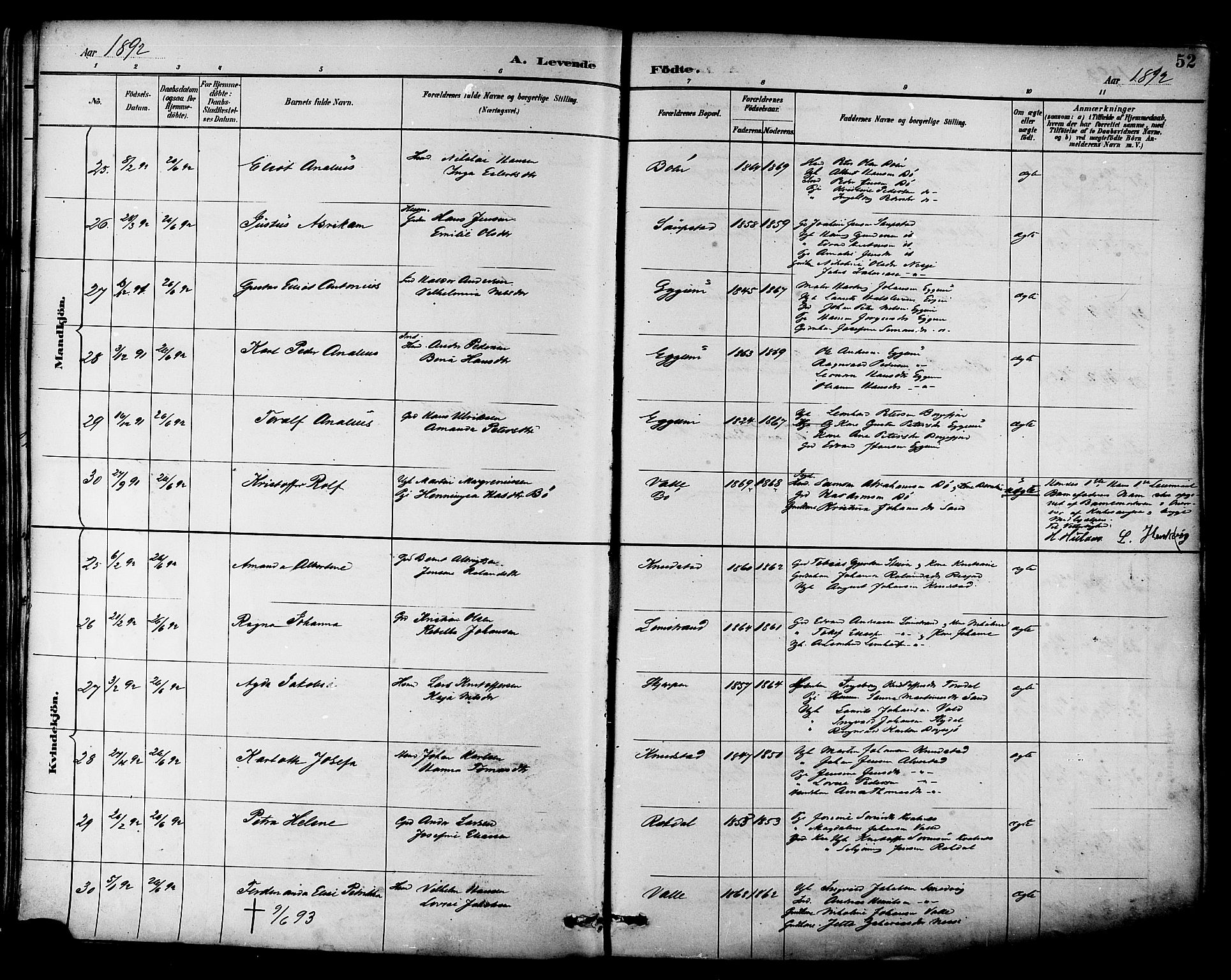Ministerialprotokoller, klokkerbøker og fødselsregistre - Nordland, AV/SAT-A-1459/880/L1133: Ministerialbok nr. 880A07, 1888-1898, s. 52