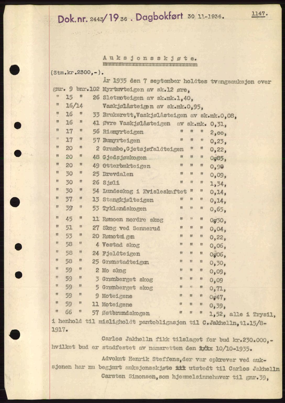 Sør-Østerdal sorenskriveri, SAH/TING-018/H/Hb/Hbb/L0054: Pantebok nr. A54, 1936-1936, Dagboknr: 2443/1936