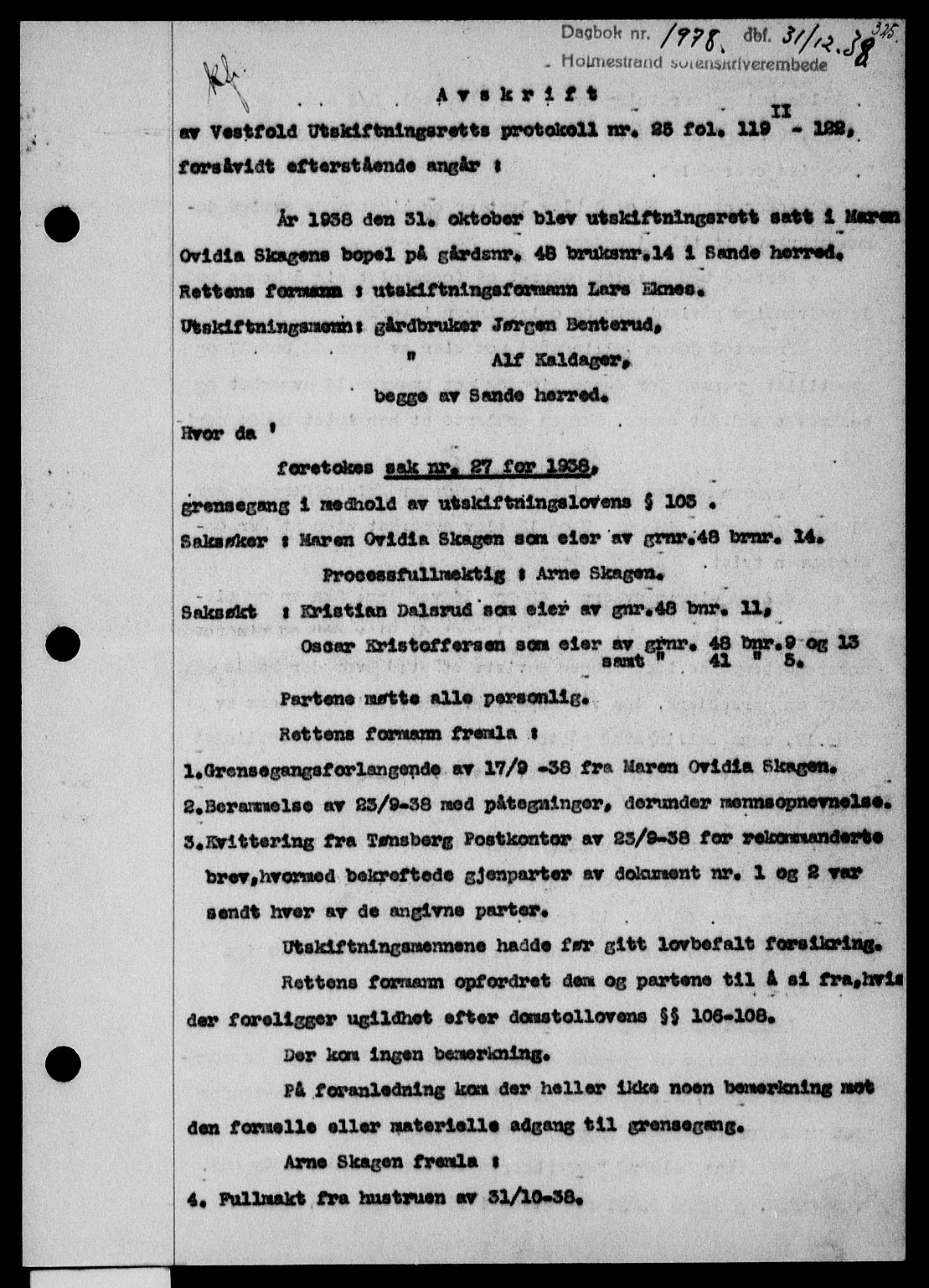 Holmestrand sorenskriveri, SAKO/A-67/G/Ga/Gaa/L0050: Pantebok nr. A-50, 1938-1939, Dagboknr: 1978/1938