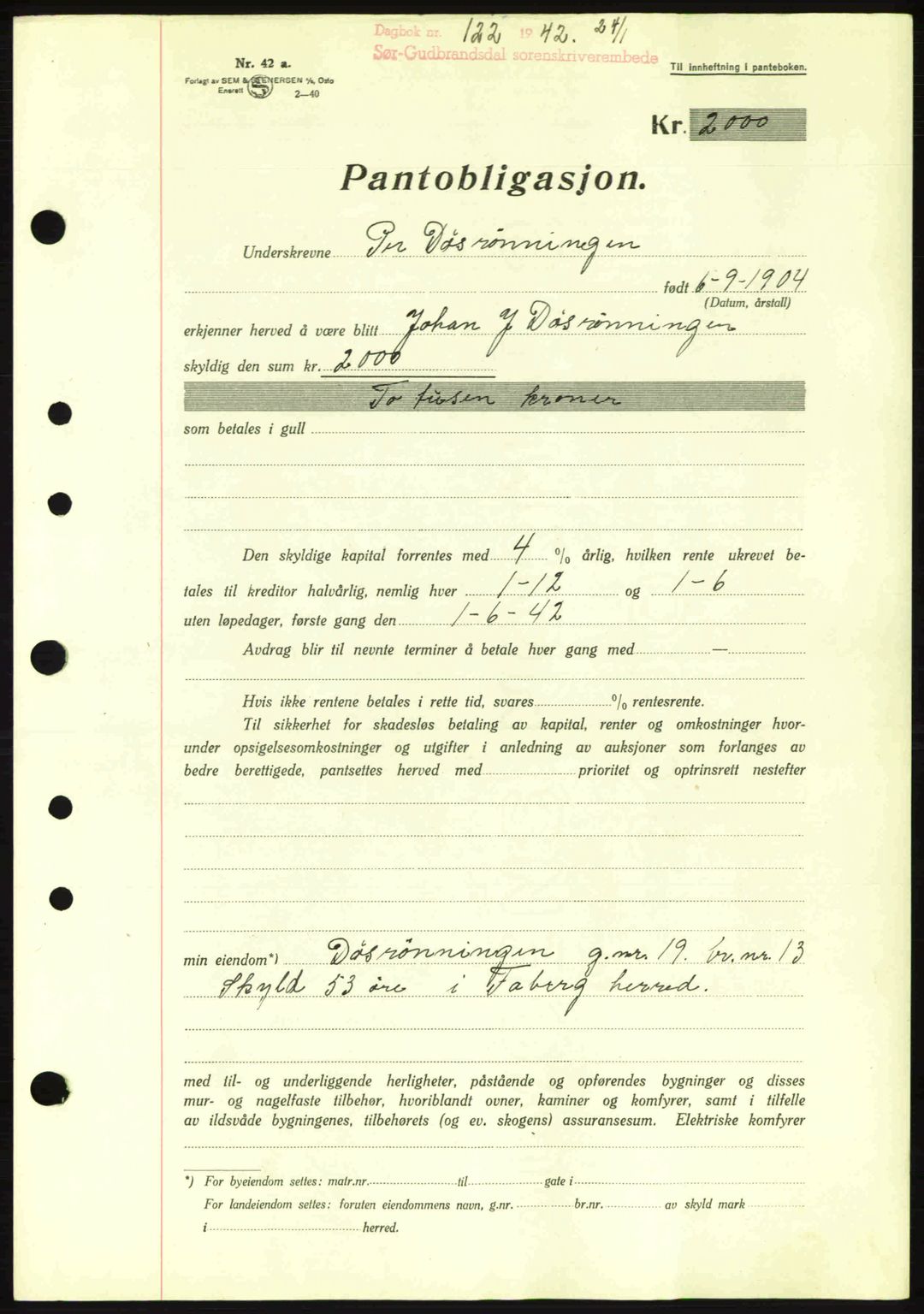 Sør-Gudbrandsdal tingrett, SAH/TING-004/H/Hb/Hbe/L0002: Pantebok nr. B2, 1939-1943, Dagboknr: 122/1942