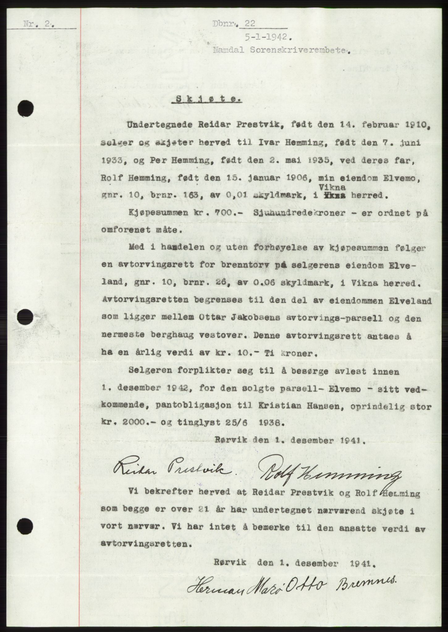 Namdal sorenskriveri, SAT/A-4133/1/2/2C: Pantebok nr. -, 1941-1942, Dagboknr: 22/1942