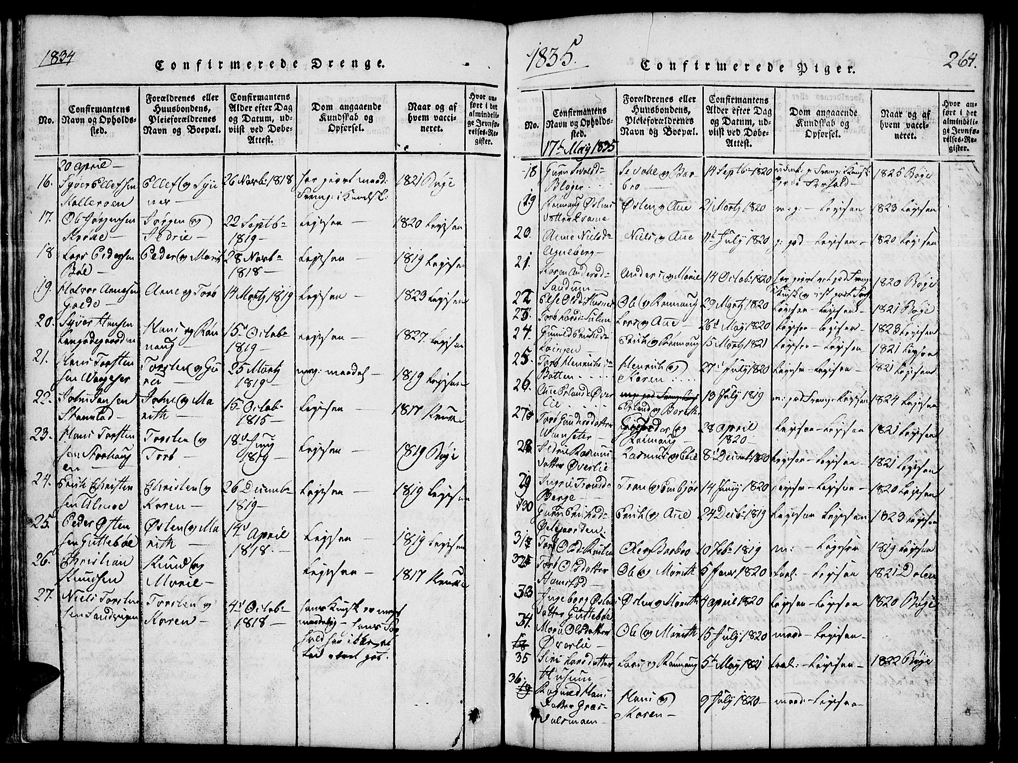 Lom prestekontor, SAH/PREST-070/L/L0001: Klokkerbok nr. 1, 1815-1836, s. 264