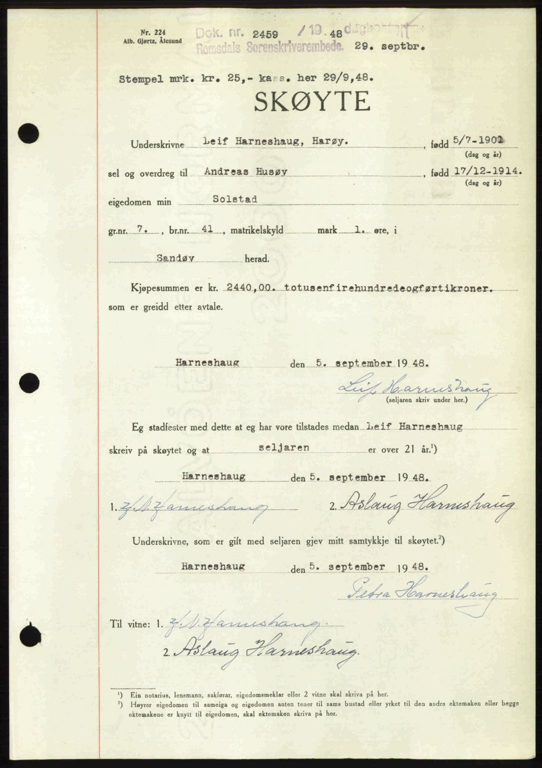 Romsdal sorenskriveri, SAT/A-4149/1/2/2C: Pantebok nr. A27, 1948-1948, Dagboknr: 2459/1948