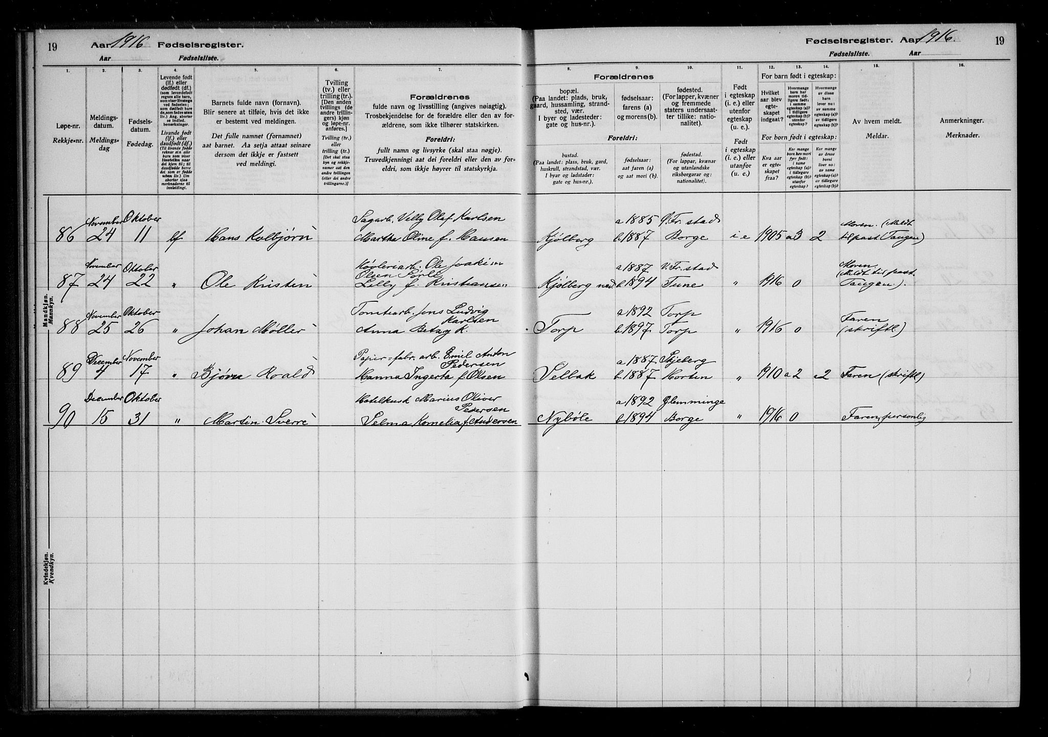 Borge prestekontor Kirkebøker, AV/SAO-A-10903/J/Ja/L0001: Fødselsregister nr. I 1, 1916-1925, s. 19