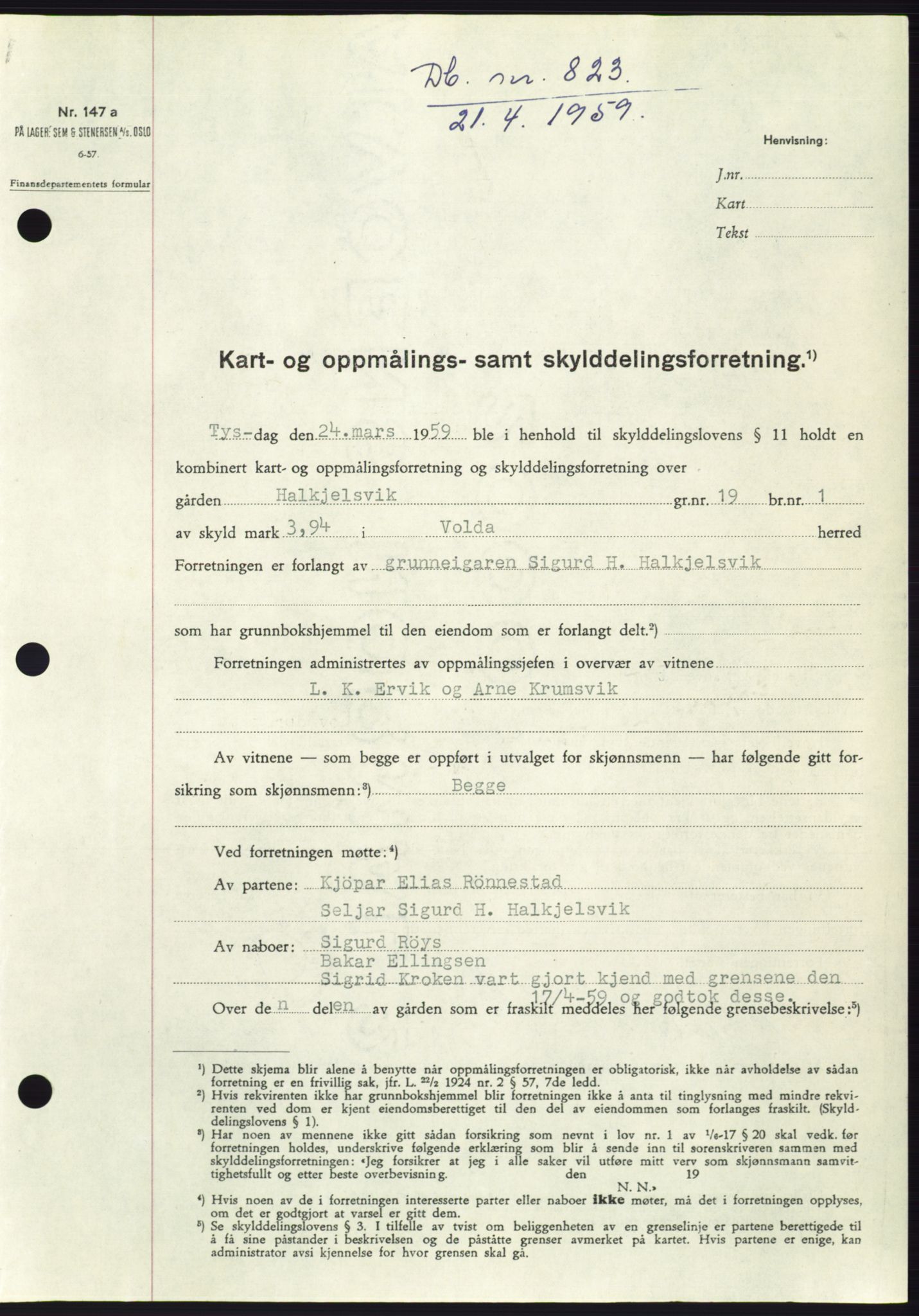 Søre Sunnmøre sorenskriveri, SAT/A-4122/1/2/2C/L0112: Pantebok nr. 38A, 1959-1959, Dagboknr: 823/1959