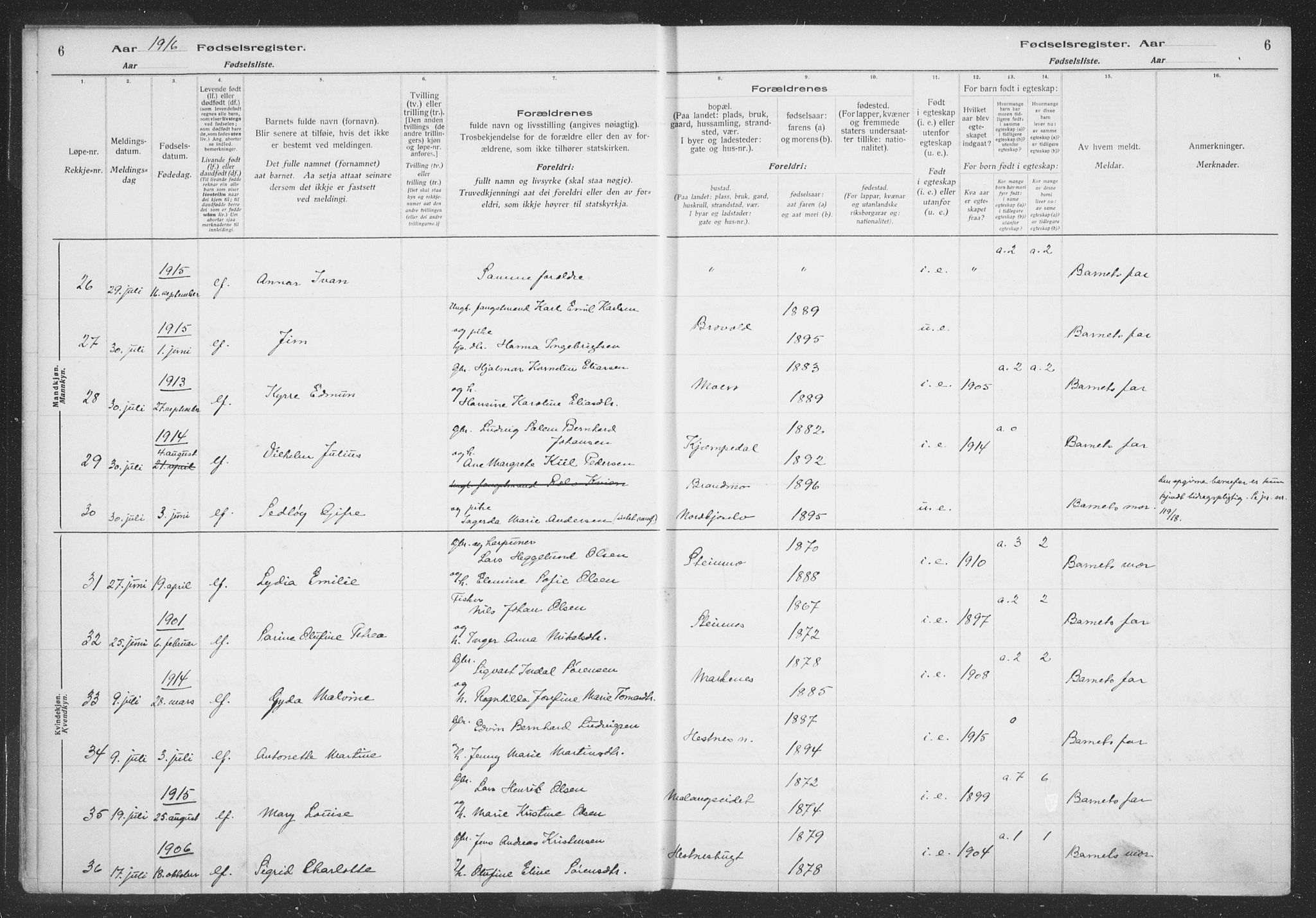 Balsfjord sokneprestembete, AV/SATØ-S-1303/H/Hb/L0059: Fødselsregister nr. 59, 1916-1930, s. 6