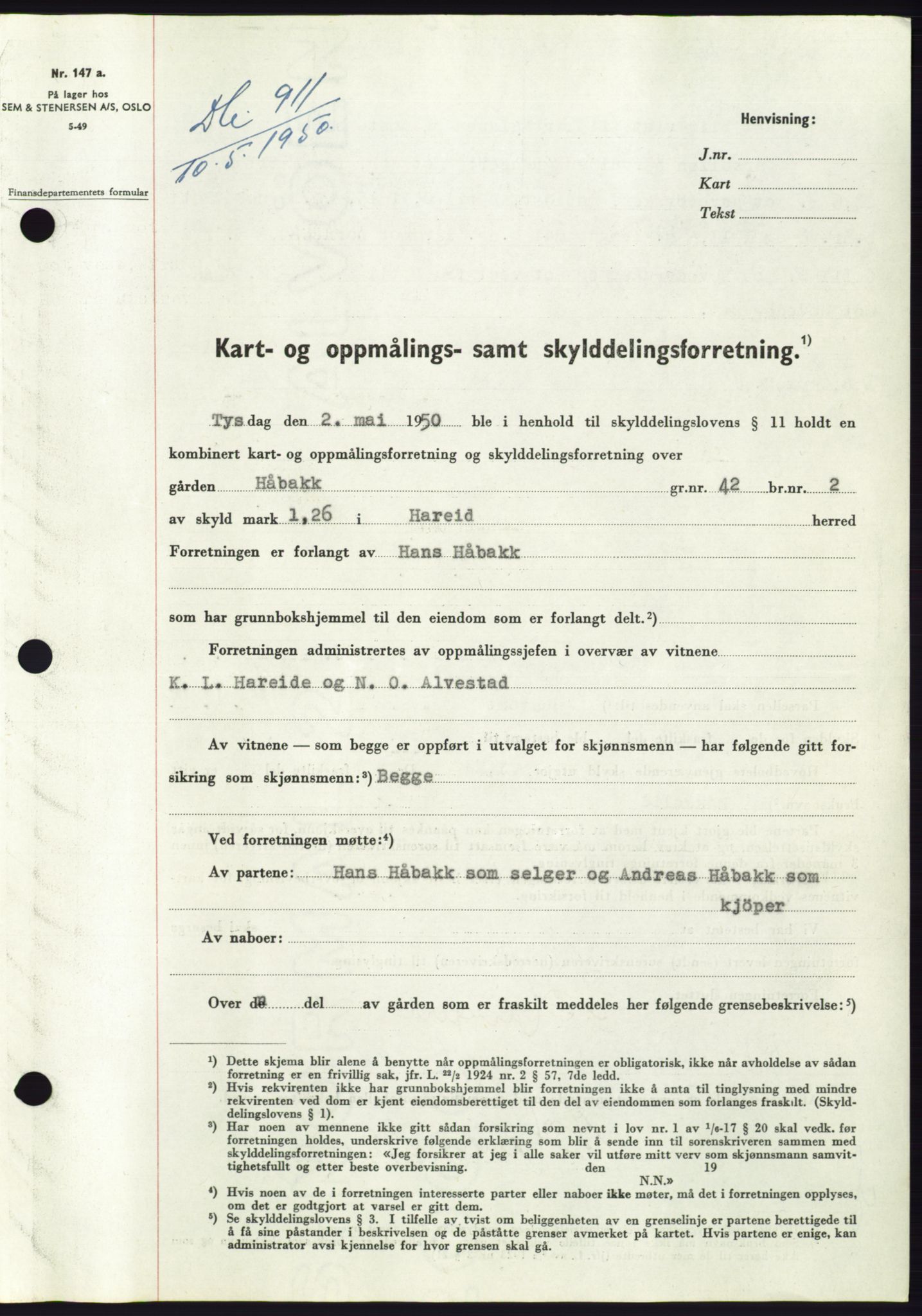Søre Sunnmøre sorenskriveri, SAT/A-4122/1/2/2C/L0086: Pantebok nr. 12A, 1949-1950, Dagboknr: 911/1950