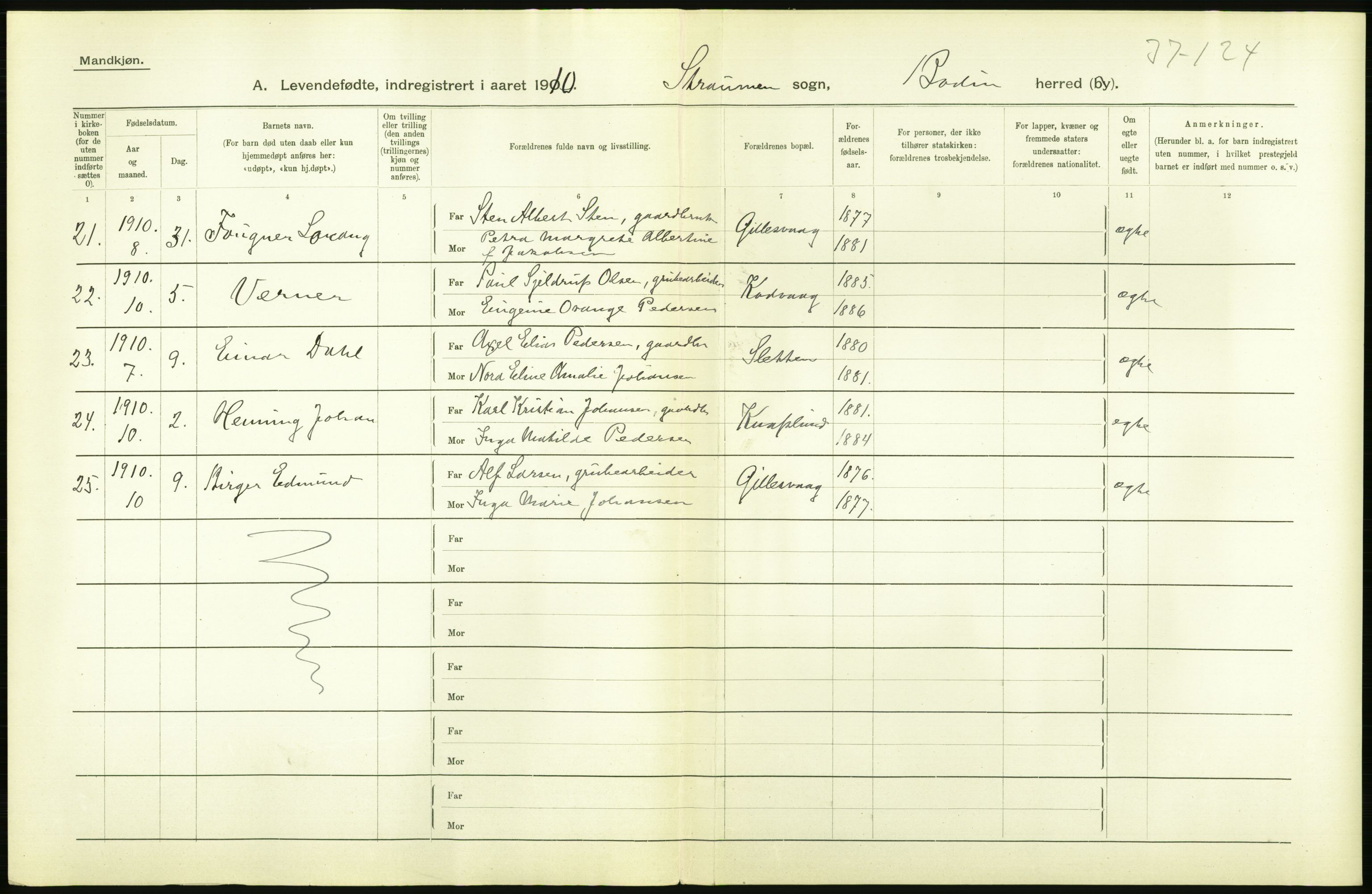 Statistisk sentralbyrå, Sosiodemografiske emner, Befolkning, AV/RA-S-2228/D/Df/Dfa/Dfah/L0040: Nordlands amt: Levendefødte menn og kvinner. Bygder., 1910, s. 26