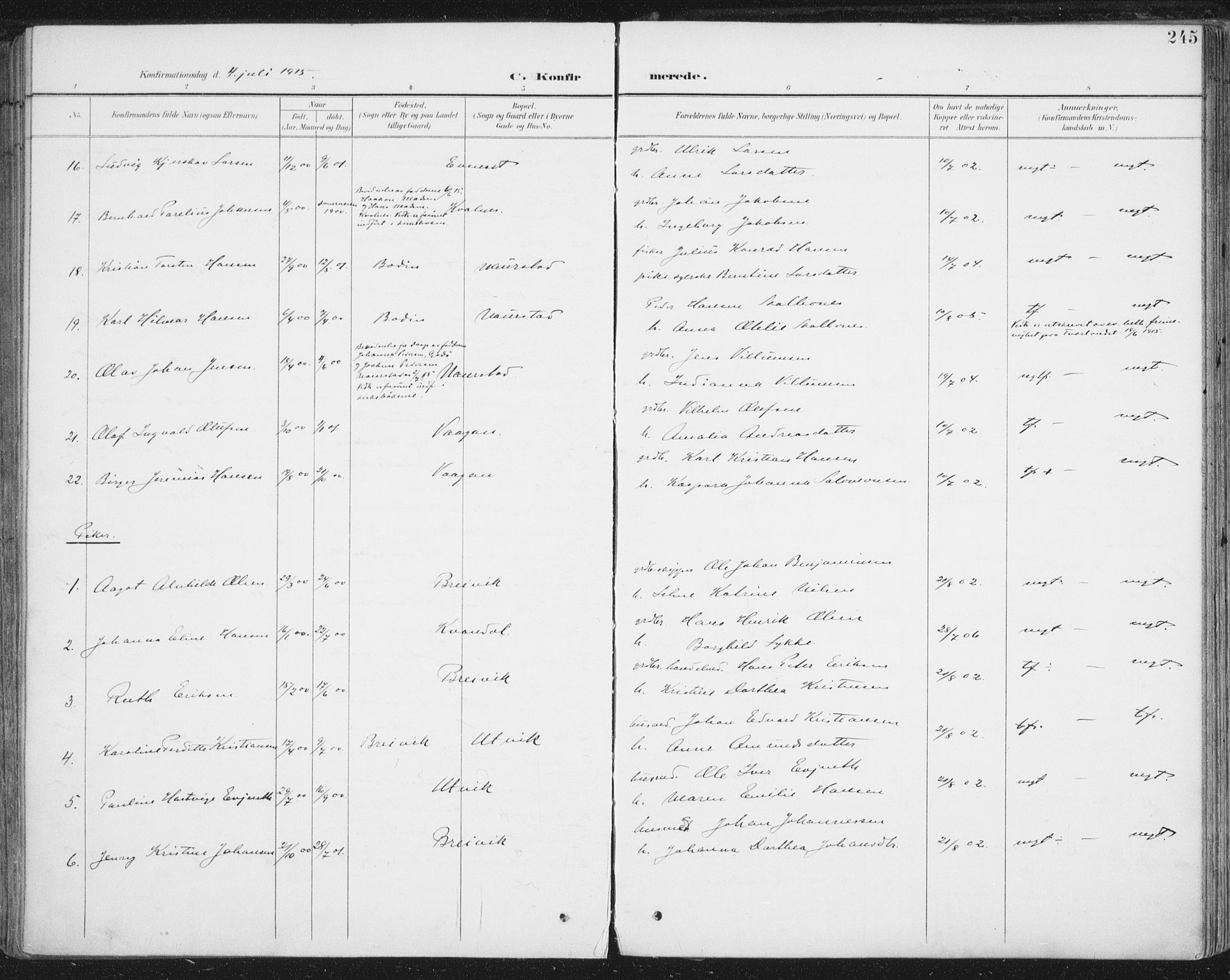 Ministerialprotokoller, klokkerbøker og fødselsregistre - Nordland, SAT/A-1459/852/L0741: Ministerialbok nr. 852A11, 1894-1917, s. 245