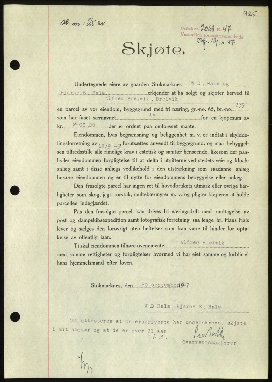 Vesterålen sorenskriveri, SAT/A-4180/1/2/2Ca: Pantebok nr. A21, 1947-1947, Dagboknr: 2063/1947