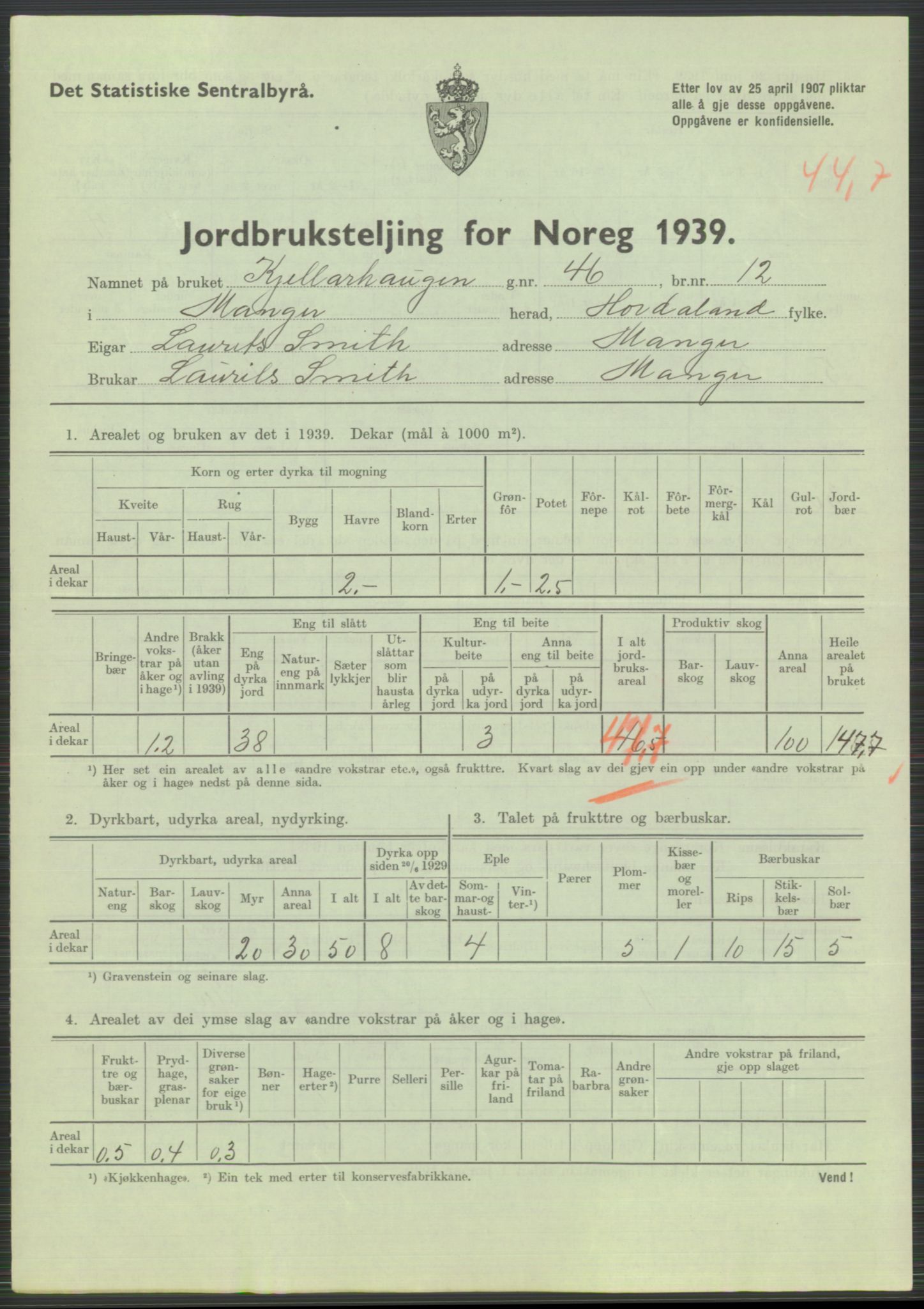 Statistisk sentralbyrå, Næringsøkonomiske emner, Jordbruk, skogbruk, jakt, fiske og fangst, AV/RA-S-2234/G/Gb/L0211: Hordaland: Herdla, Hjelme og Manger, 1939, s. 1641