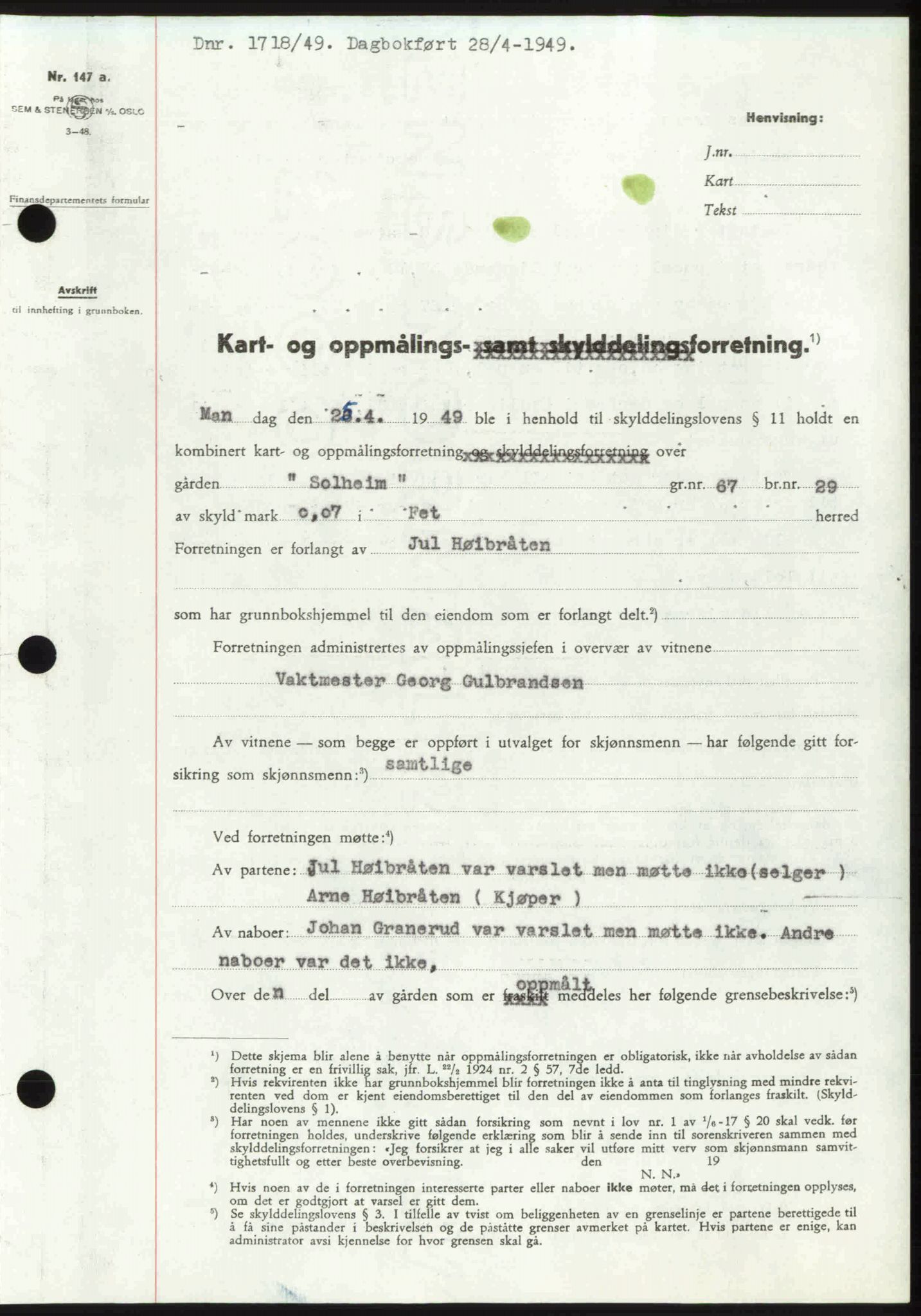 Nedre Romerike sorenskriveri, SAO/A-10469/G/Gb/Gbd/L0025: Pantebok nr. 25, 1949-1949, Dagboknr: 1718/1949