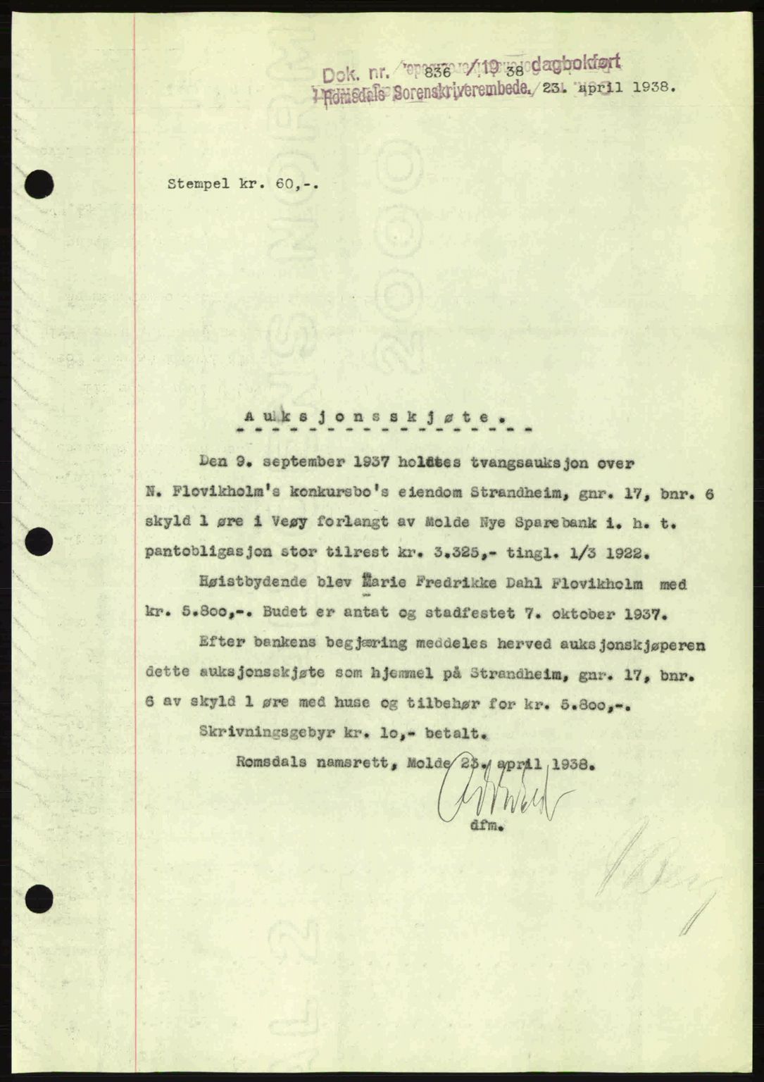 Romsdal sorenskriveri, SAT/A-4149/1/2/2C: Pantebok nr. A5, 1938-1938, Dagboknr: 836/1938