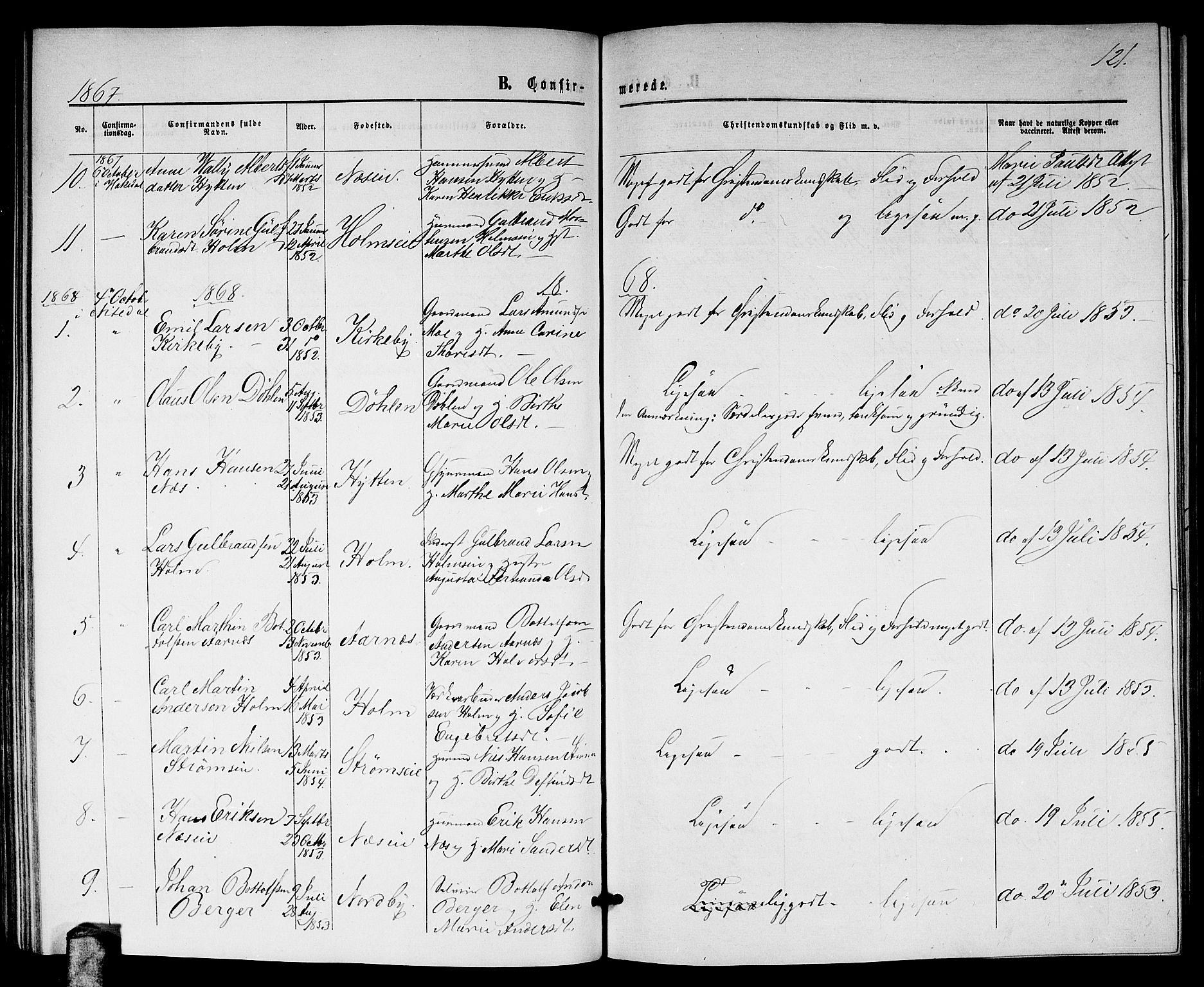 Nittedal prestekontor Kirkebøker, SAO/A-10365a/G/Gb/L0001: Klokkerbok nr. II 1, 1859-1878, s. 121