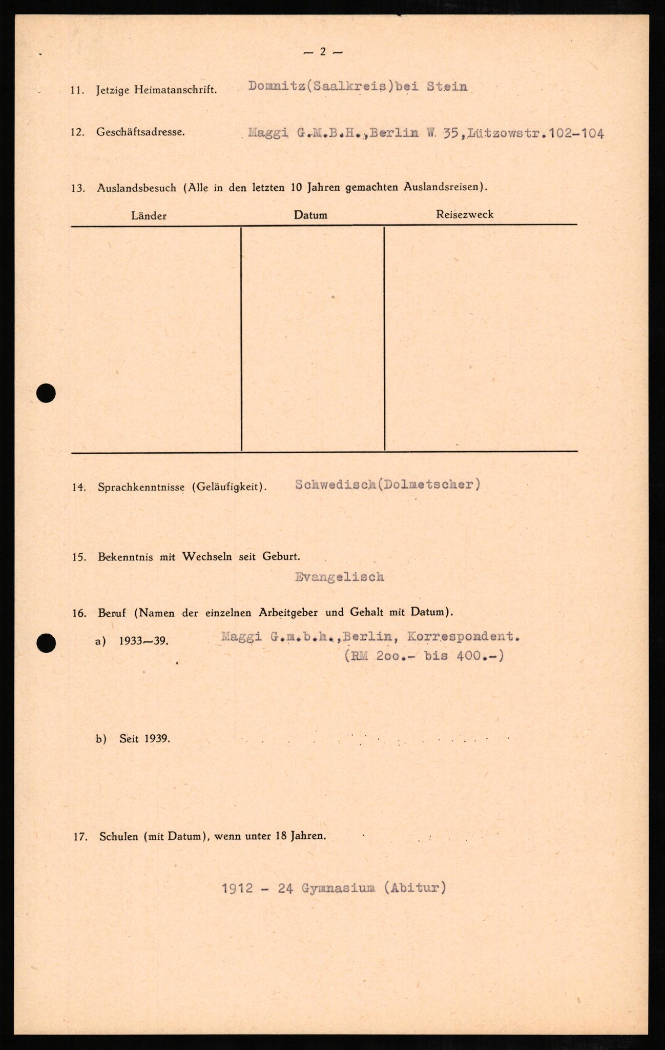 Forsvaret, Forsvarets overkommando II, RA/RAFA-3915/D/Db/L0007: CI Questionaires. Tyske okkupasjonsstyrker i Norge. Tyskere., 1945-1946, s. 160