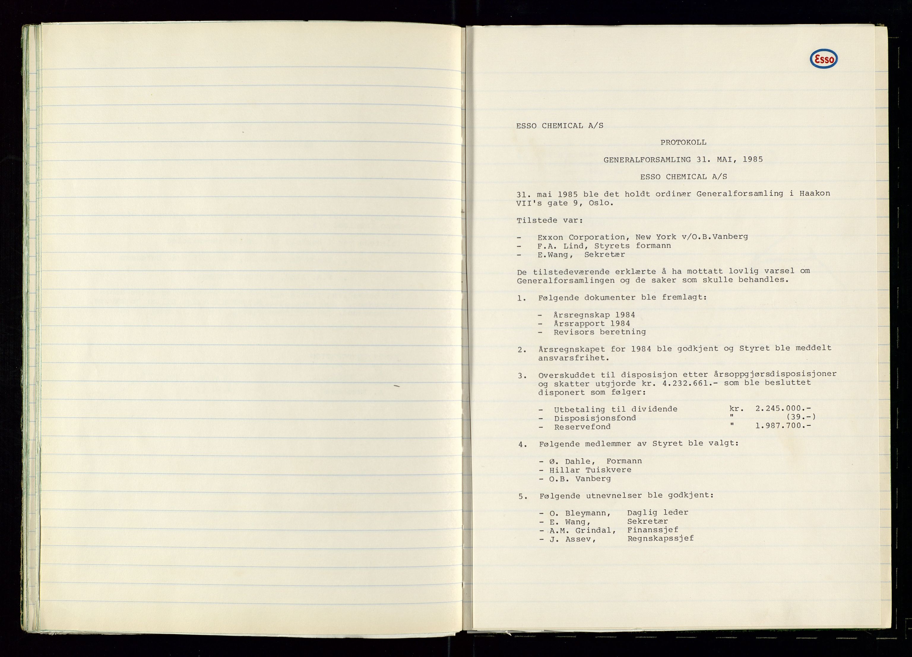 PA 1538 - Exxon Chemical Norge A/S, SAST/A-101958/A/Aa/L0001/0002: Generalforsamlinger og styreprotokoller / Protokoll for generalforsamlinger, 1966-1996