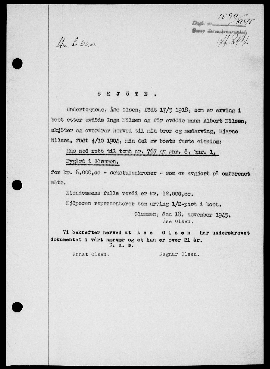 Onsøy sorenskriveri, SAO/A-10474/G/Ga/Gab/L0015: Pantebok nr. II A-15, 1945-1946, Dagboknr: 1599/1945