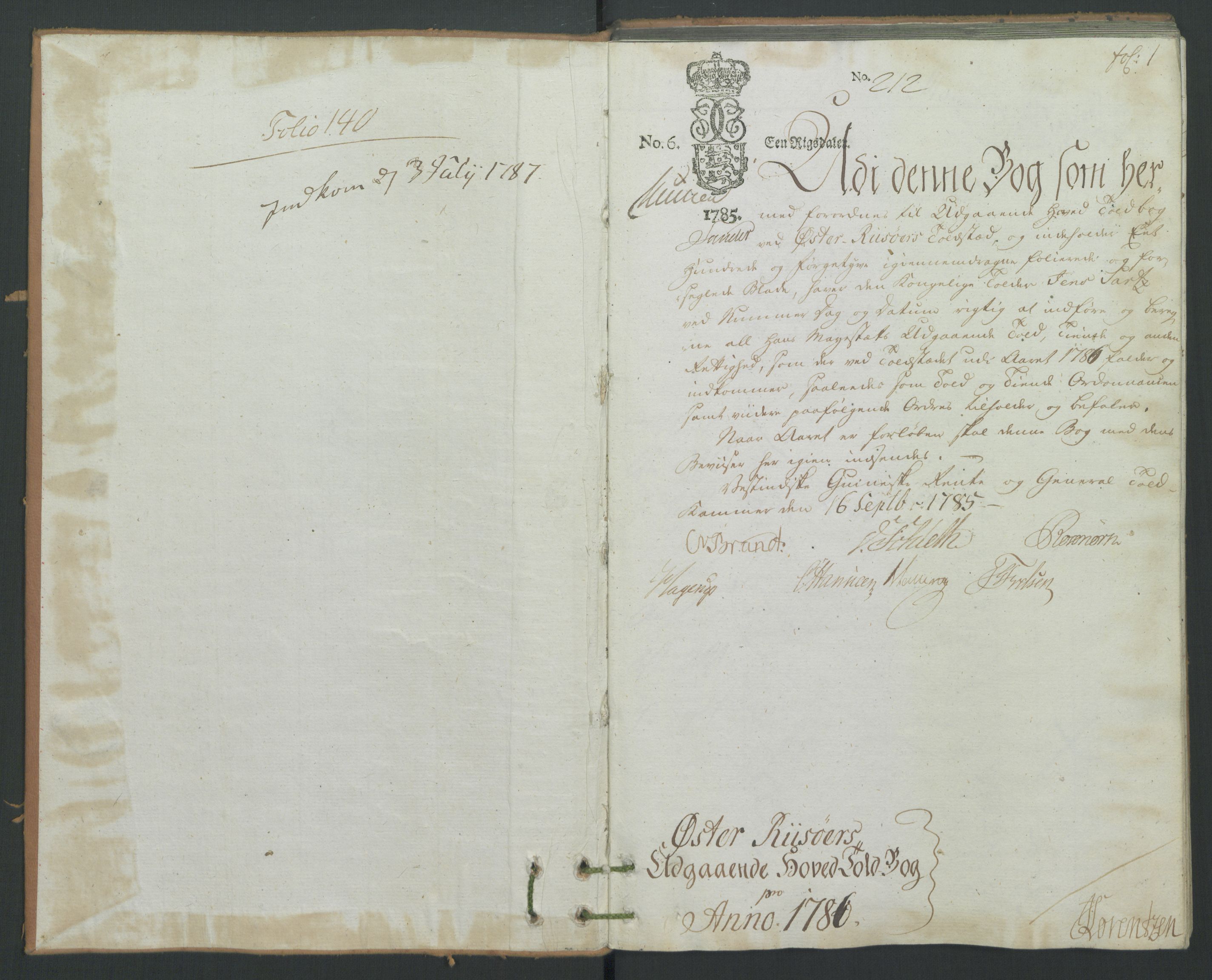 Generaltollkammeret, tollregnskaper, AV/RA-EA-5490/R14/L0094/0001: Tollregnskaper Øster-Risør / Utgående hovedtollbok, 1786, s. 1a