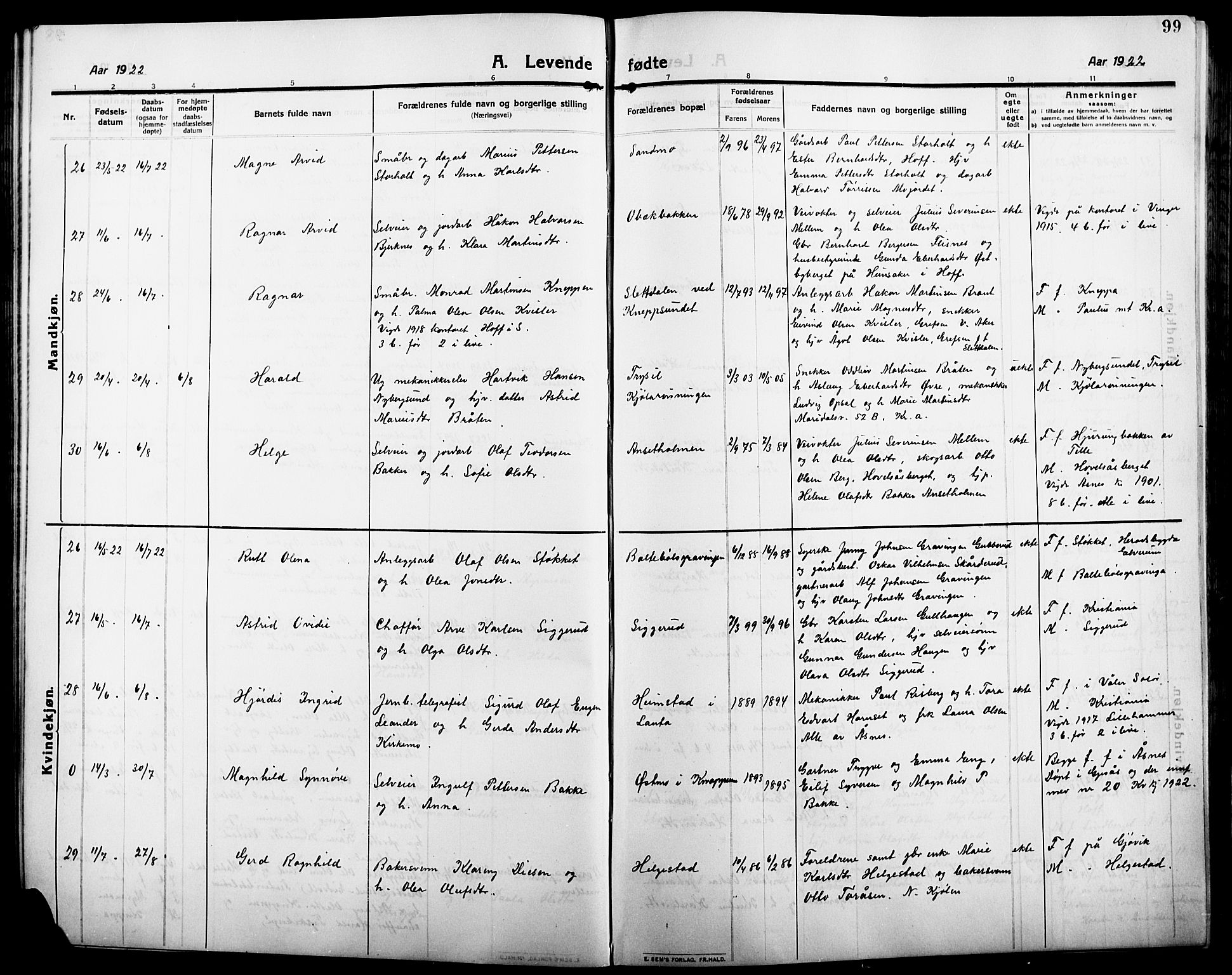 Åsnes prestekontor, AV/SAH-PREST-042/H/Ha/Hab/L0007: Klokkerbok nr. 7, 1909-1926, s. 99