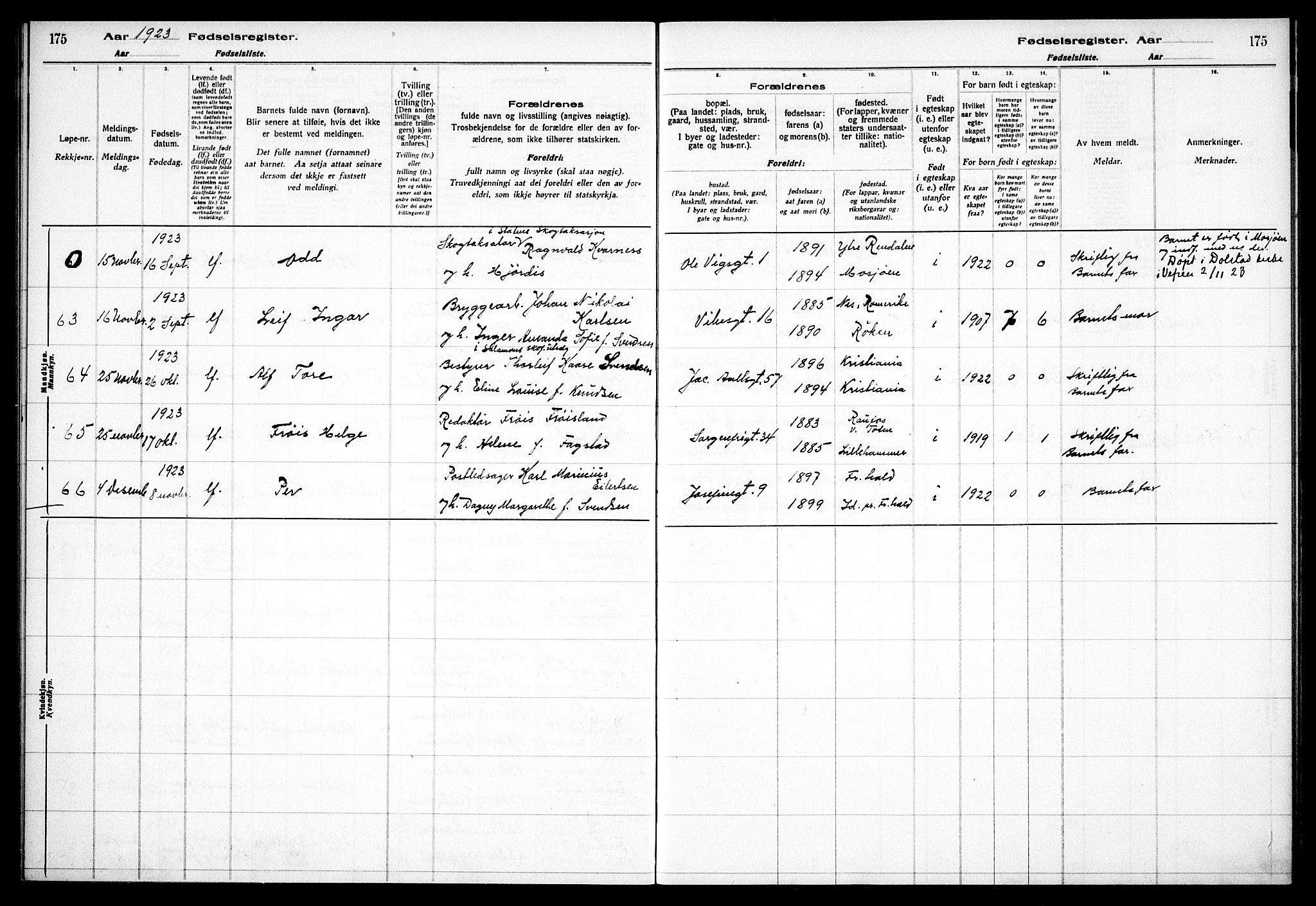 Fagerborg prestekontor Kirkebøker, AV/SAO-A-10844/J/Ja/L0001: Fødselsregister nr. 1, 1916-1925, s. 175