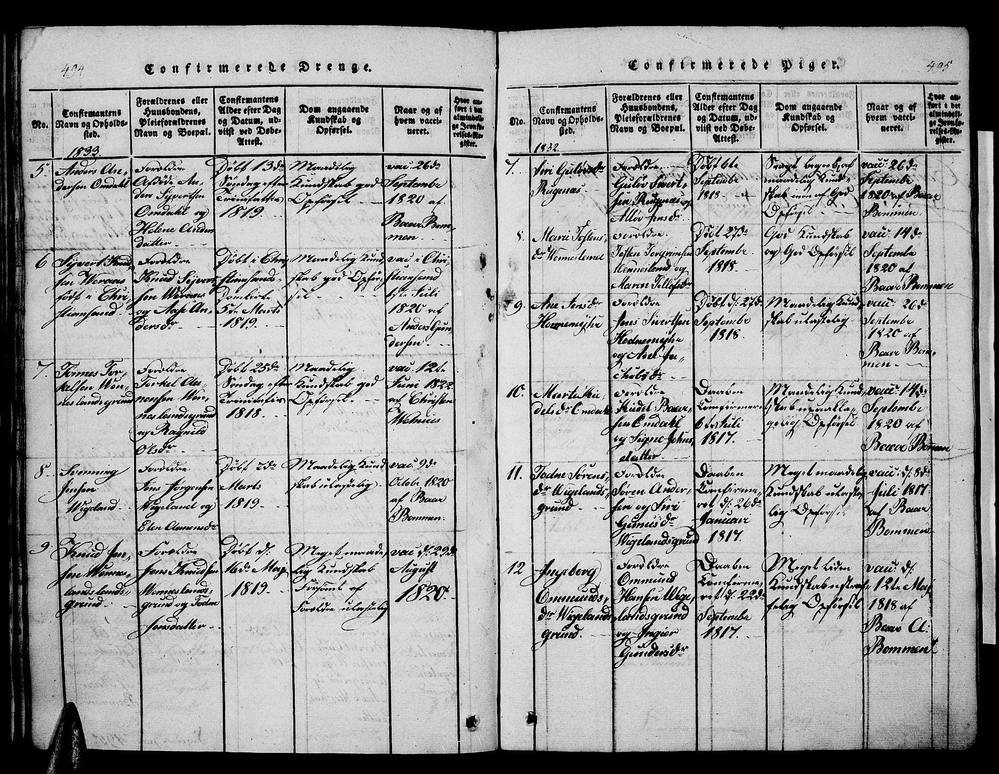 Vennesla sokneprestkontor, AV/SAK-1111-0045/Fb/Fbb/L0001: Klokkerbok nr. B 1, 1820-1834, s. 494-495