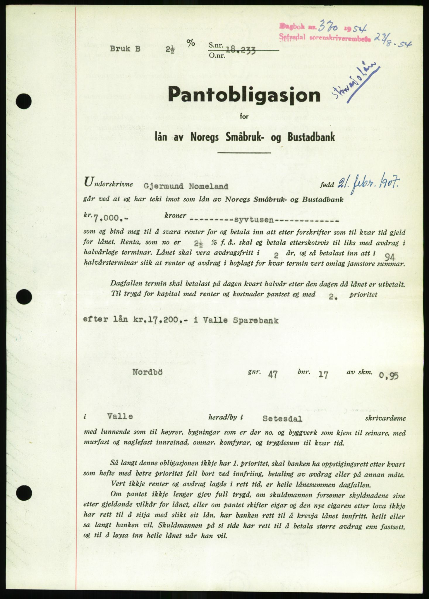 Setesdal sorenskriveri, SAK/1221-0011/G/Gb/L0052: Pantebok nr. B 40, 1954-1955, Dagboknr: 370/1954